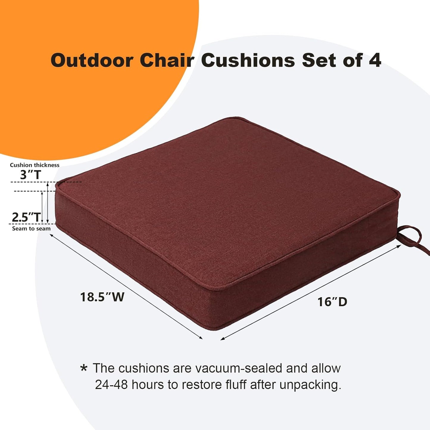 Sunbrella Square Corner Seat Cushions, 18.5" x 16" x 3", Set of 4, Indoor Outdoor Water Repellent Universal Chair Pads with Ties for Patio Furniture, Garden Dining Chairs, Spectrum Brick