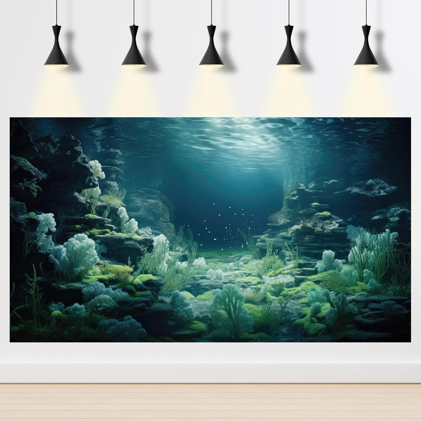 Aquarium Background Underwater Bioluminescent Life Coral Terrarium Backdrop White Coral Lush Moss Fish Tank Background Rock Sunlight Rays Tank Aquarium Wallpaper Poster Vinyl 24x12in