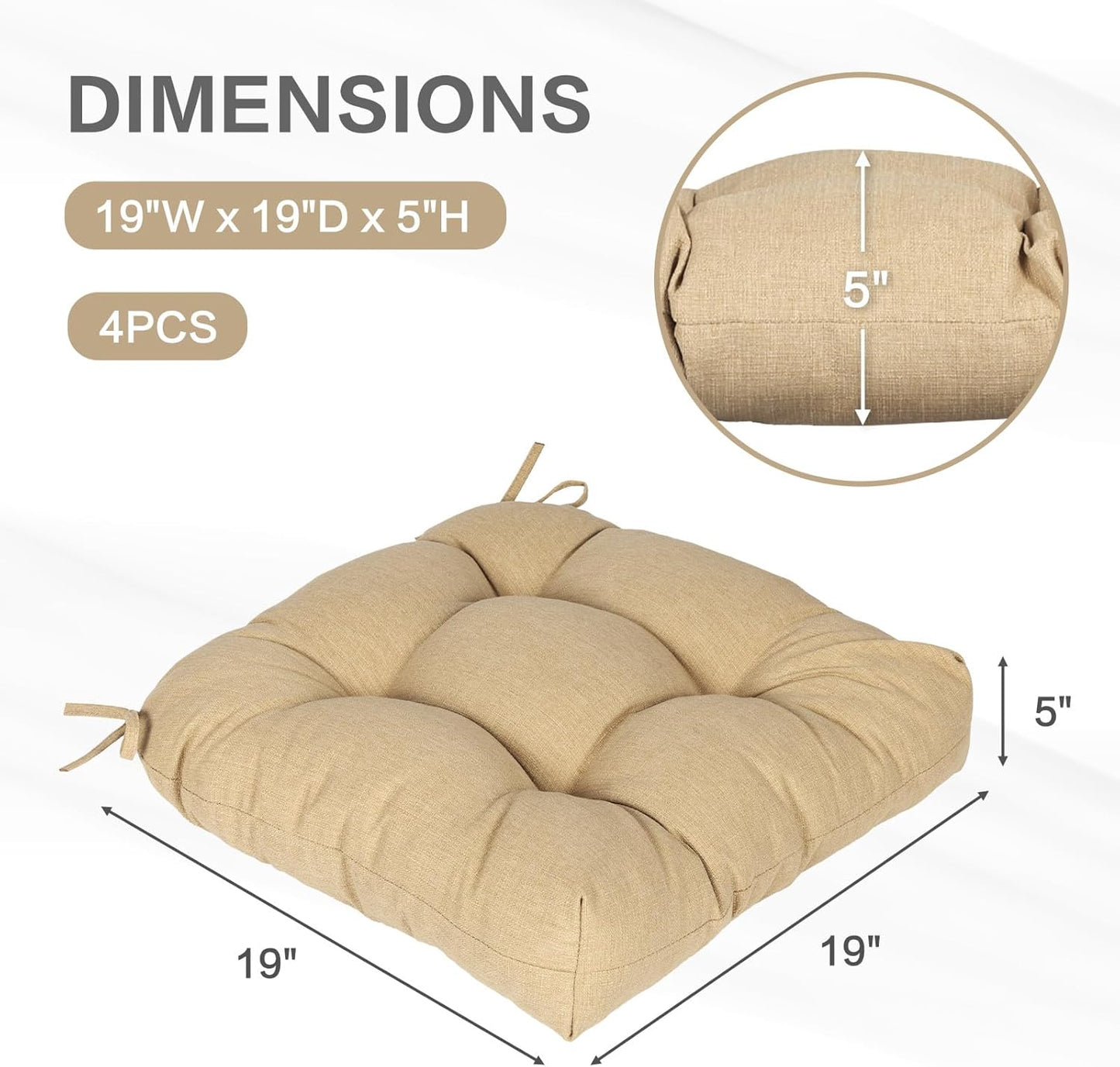 Aoodor 19" x 19" x 5" Tufted Outdoor Chair Cushions, Water Resistant & Fade Resistant Polyester Dining Chair Pads with 2 Straps for Patio Furniture, Set of 4