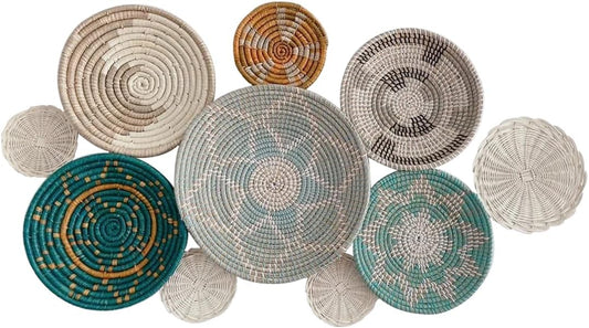 Wicker Basket Wall Decor – Boho Baskets For Wall Decoration with Loop Attached, Handwoven Wall Plates, Natural Woven Wall Art for Living Room Bedroom, Decorative Seagrass Wall Hanging Set of 10