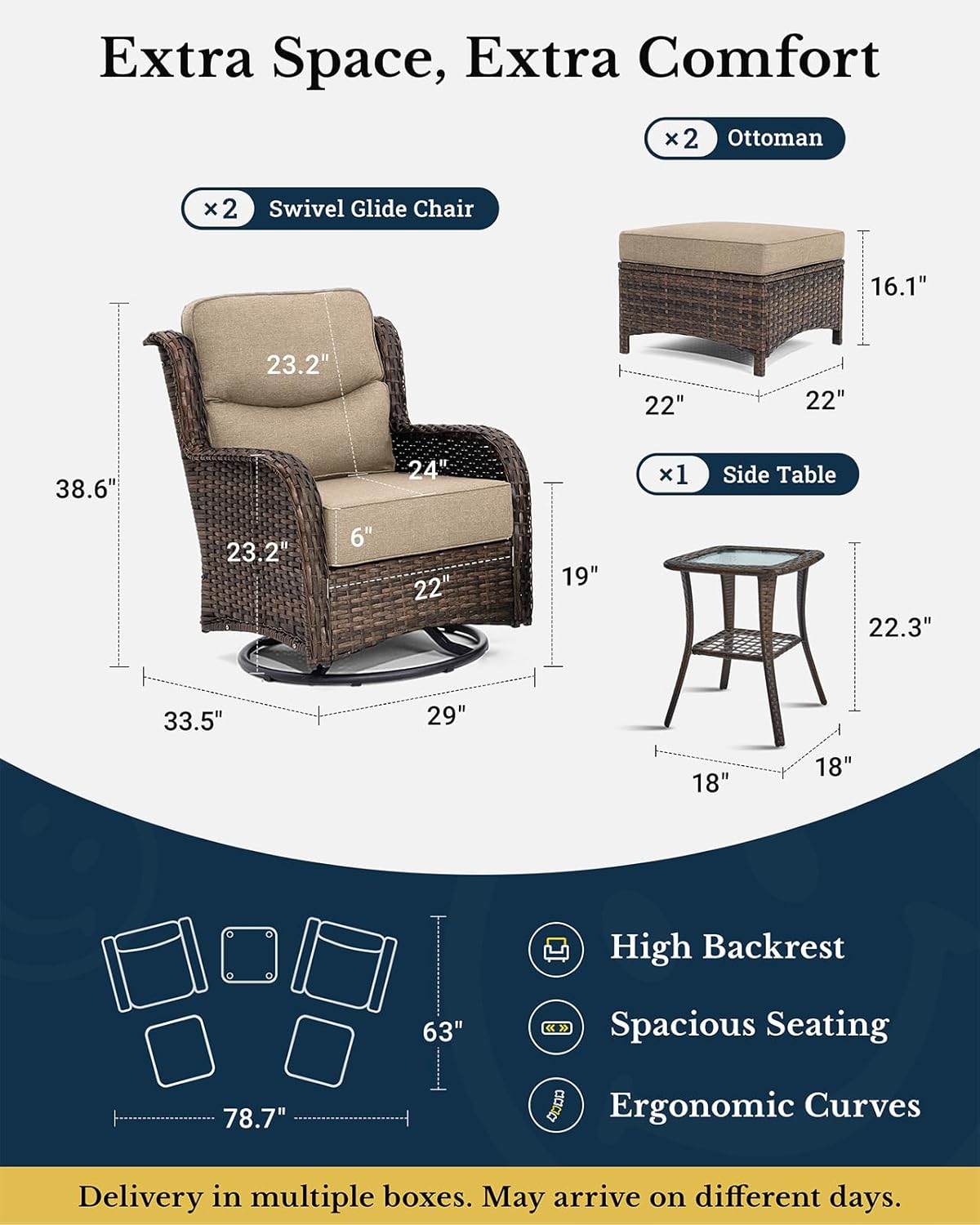 HILLGA Luxury Patio Furniture Set with 6-inch Thick Cushion, Outdoor High Back Swivel Rocker Patio Chairs, 5PCS Wicker Conversation Set for Deck Yard and Poolside, Beige (V2)