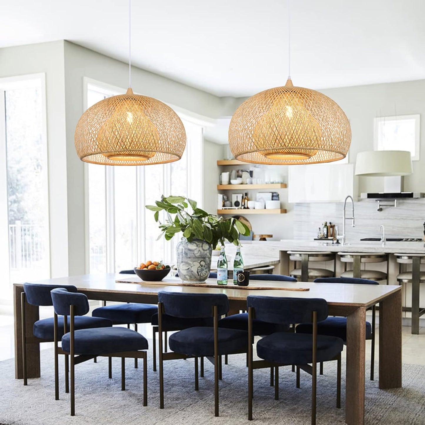 Arturesthome 1 Light Weaving Bamboo Pendant Light for Kitchen Island,17.6" Wicker Chandelier,Handmade Woven Hanging Ceiling Light for Living Room Bedroom