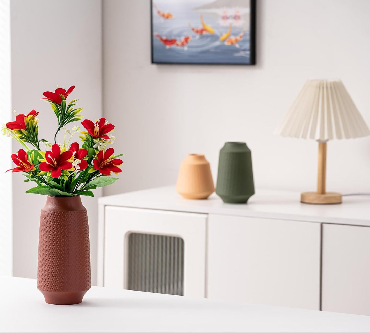 Ceramic Vase Set of 3, Modern Multicolor Pattern Flower Vases for Home Decor, Office, Centerpieces, Boho Farmhouse Style (Red/Green/Orange)