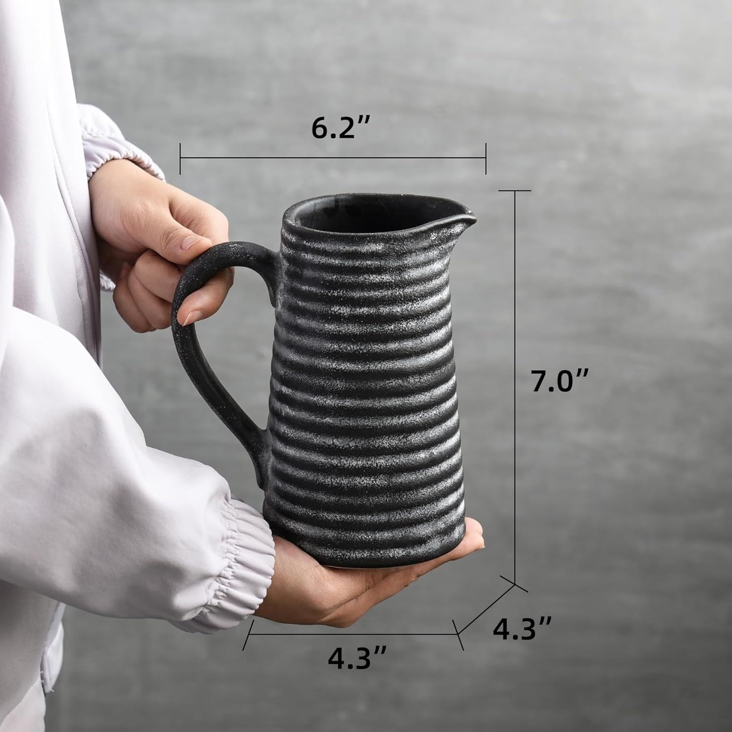 Quoowiit Ceramic Rustic Vase with Handle, Black Distressed Decorative Farmhouse Pitcher Vase for Home Decor Living Room Bedroom Kitchen Office Shelf Decor Centerpiece Table Decoration