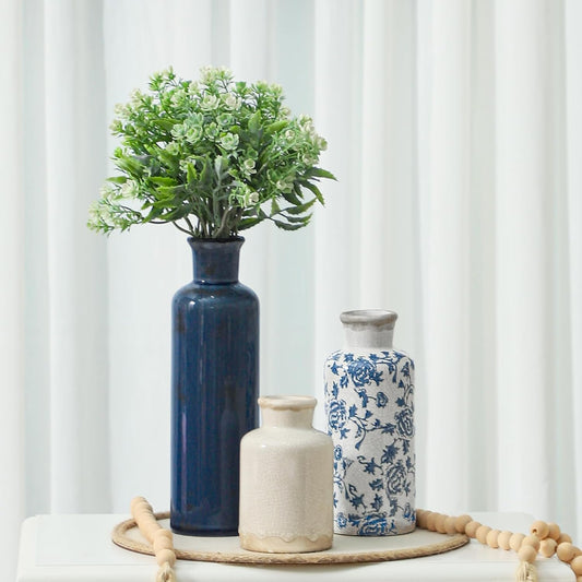 Ceramic Vintage Vases Set of 3, Blue and White Flower Decorative Vase Chinoiserie Decor Rustic Farmhouse Retro Floral Vases for Table Bookshelf Mantel Kitchen Living Room Office