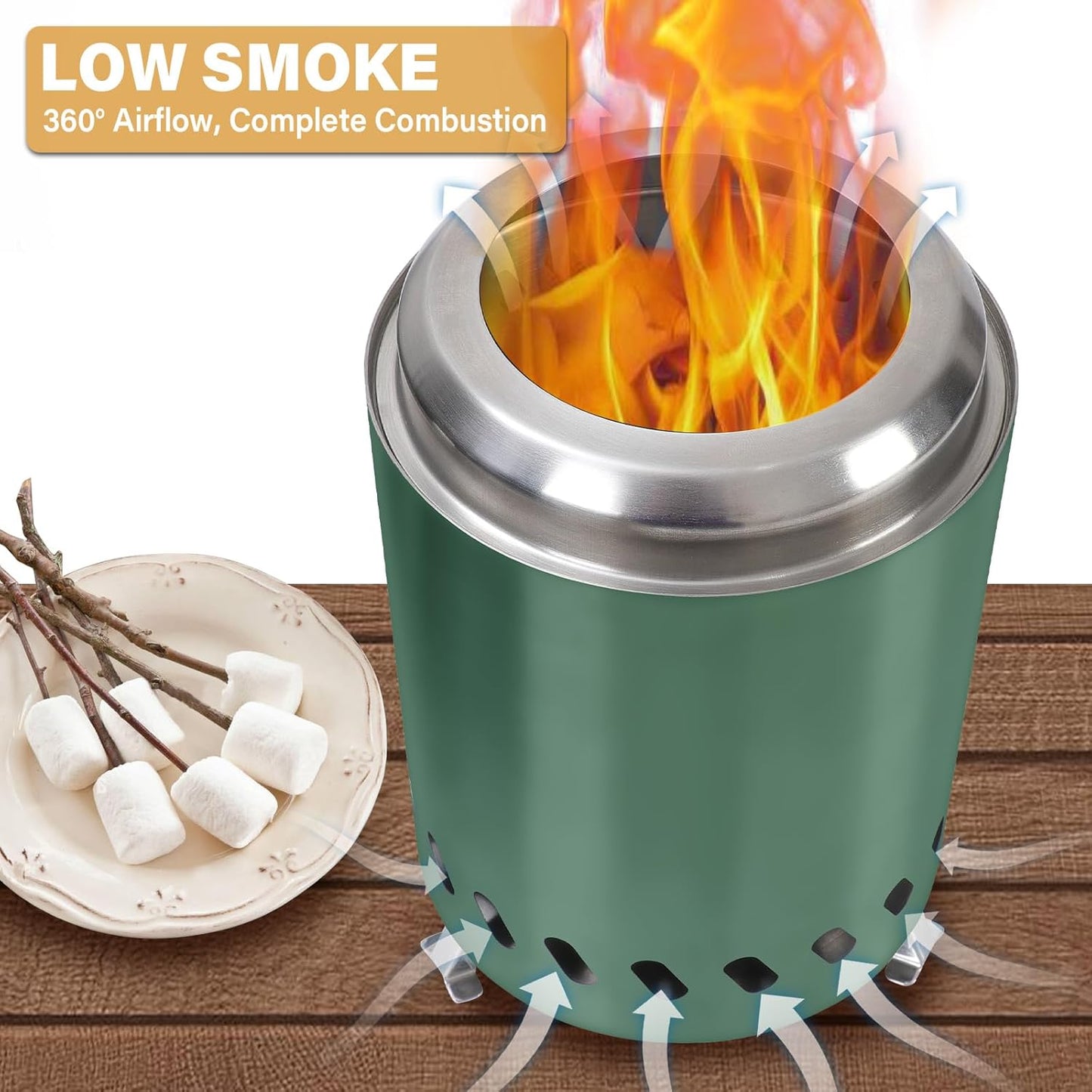 HGD 8.0 x 5.5 in Small Tabletop Fire Pit, Portable Mini Smokeless Table Top Firepit, Low Smoke Camping Stove for Outdoor & Patio, Fueled by Pellets or Wood, with Travel Bag, Stainless Steel, Green