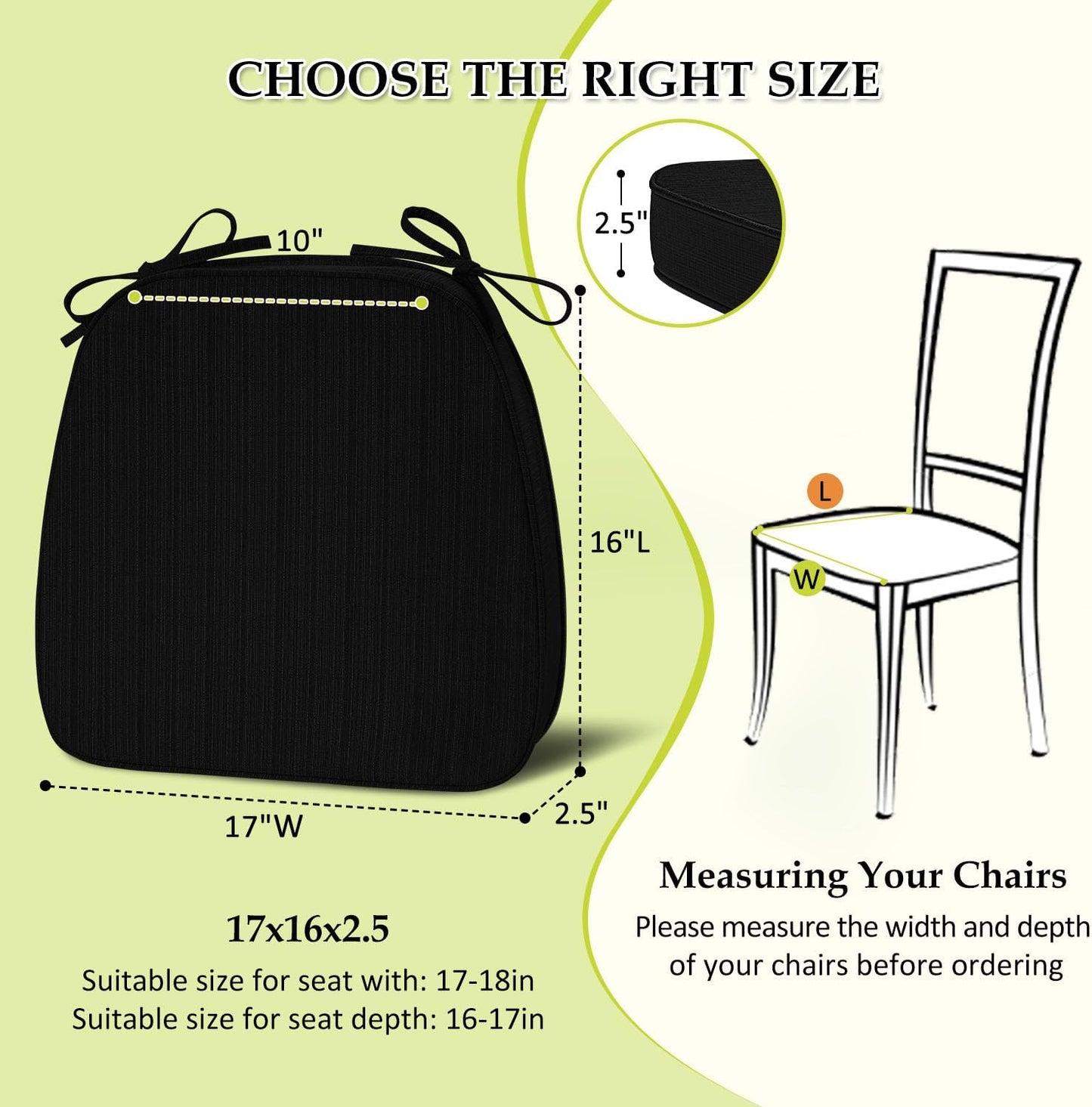 Chair Cushions for Dining Chairs, Indoor Chair Cushions with Ties，Waterproof Chair Pads Set of 6, Black, 17x16x2.5 Inch