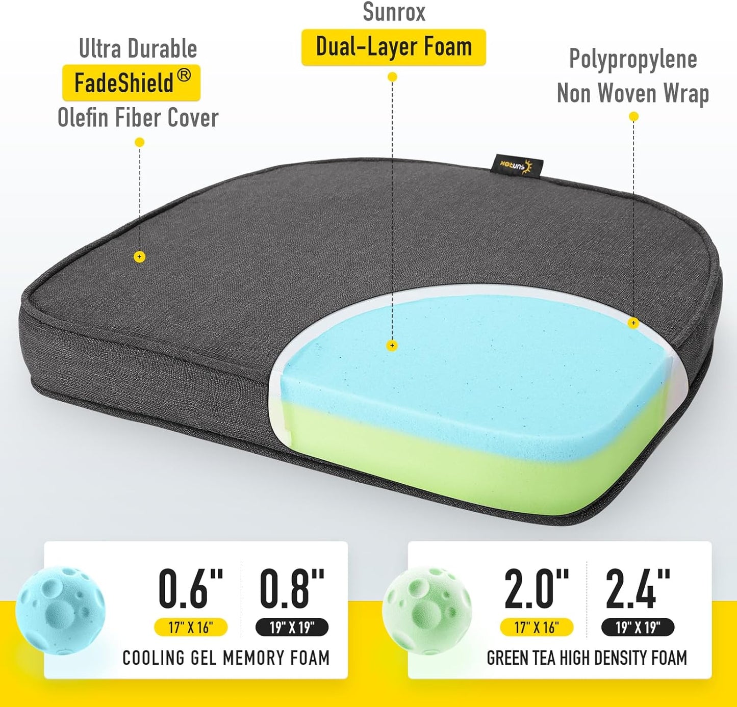 SUNROX Gel Memory Foam Chair Cushions, FadeShield Water-, Stain-Resistant Durable Reversible Seat Cushion Pads with Ties for Indoor/Outdoor Kitchen Dining Office, 19"x19", Set of 4, Midnight