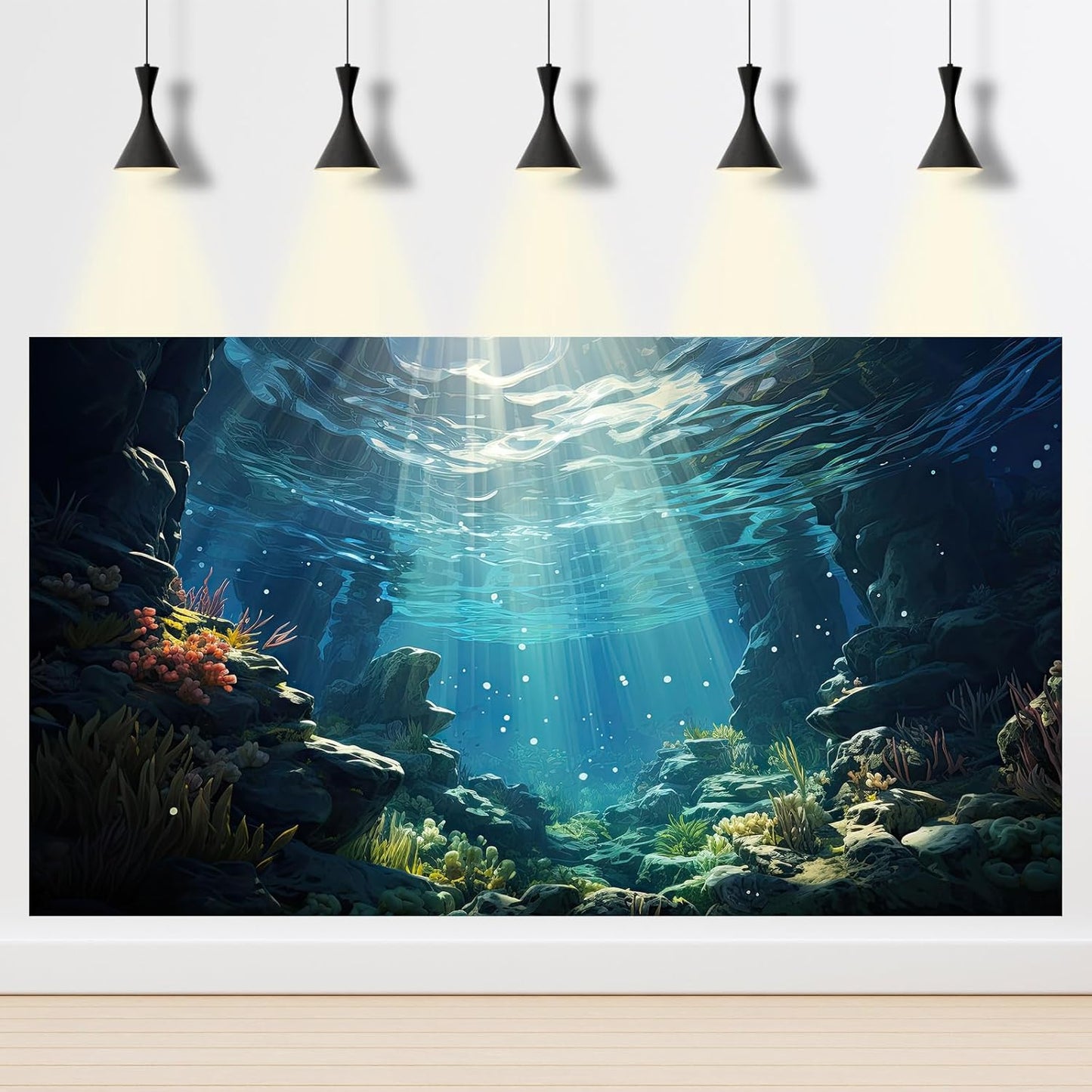 Underwater Aquarium Background Corals and Tropical Fish Terrarium Backdrop Rock Aquatic Plants Sunlight Rays Fish Tank Background Tank Aquarium Wallpaper Poster Decor 24x16in