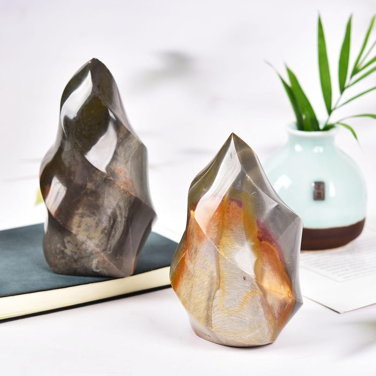AMOYSTONE Polychrome Jasper Flame Shaped Stone Towers Obelisk Natural Healing Crystal Quartz Reiki Energy Decoration Home Office Decor 1.5-2.2LBS