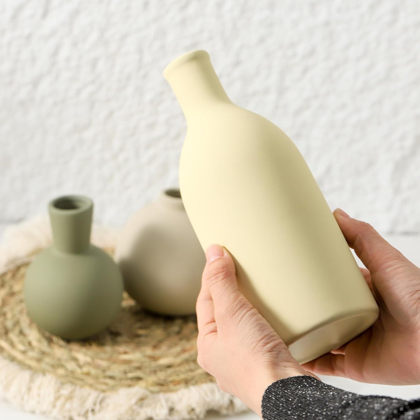 Vase Set of 3, Ceramic Vases Home Decor Flower Decorative Table Decor Vase Pottery Neutral Vases for Tray Table Mantel Living Room Kitchen Bedroom Bathroom Entryway -Light Color