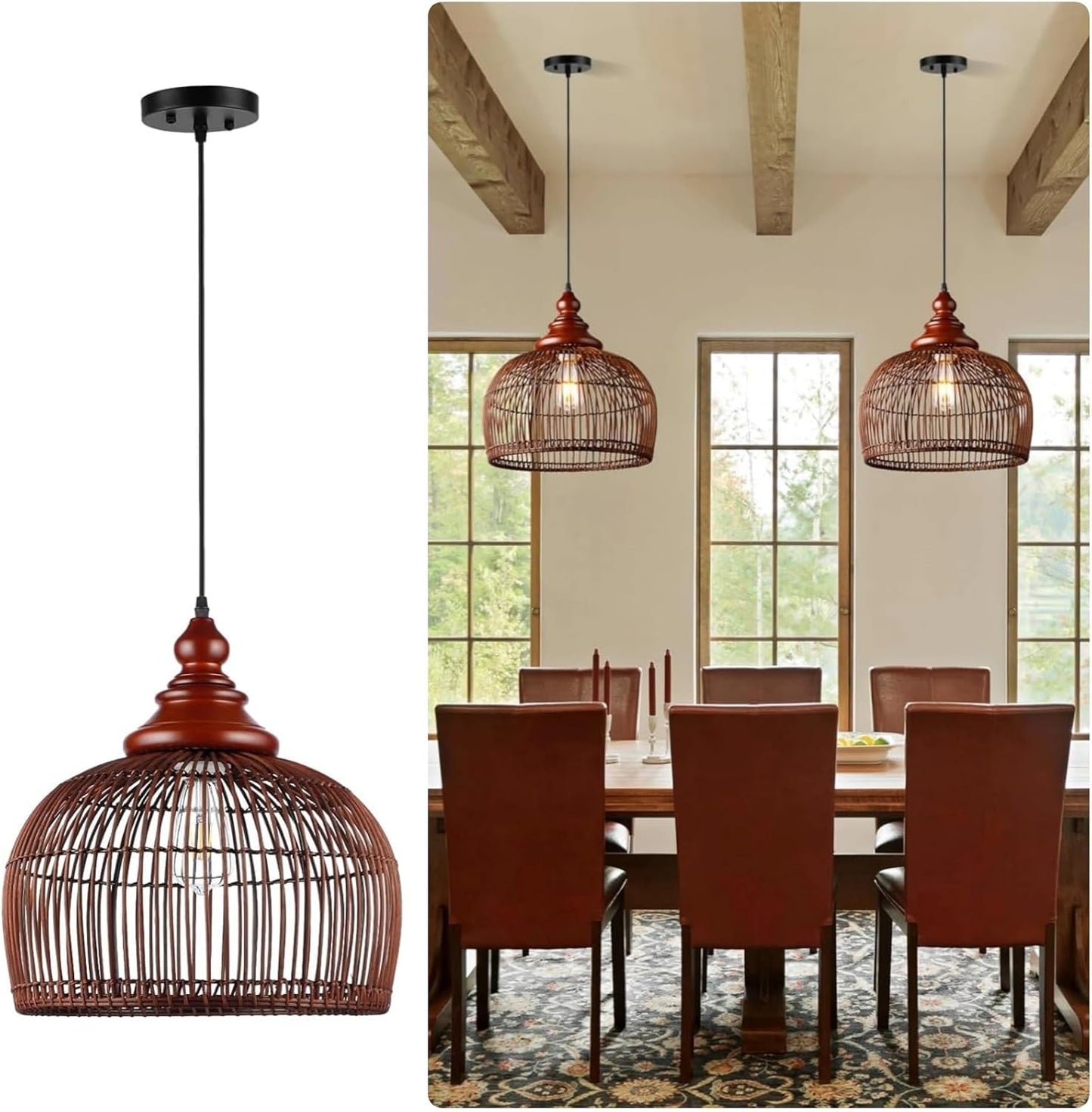 Rattan Pendant Light Kitchen Island, 15.8" Boho Dining Room Light Fixture Hand-Woven Wicker Chandelier Farmhouse Weaving Lighting Coastal Ceiling Hanging Lights for Living Room Restaurant