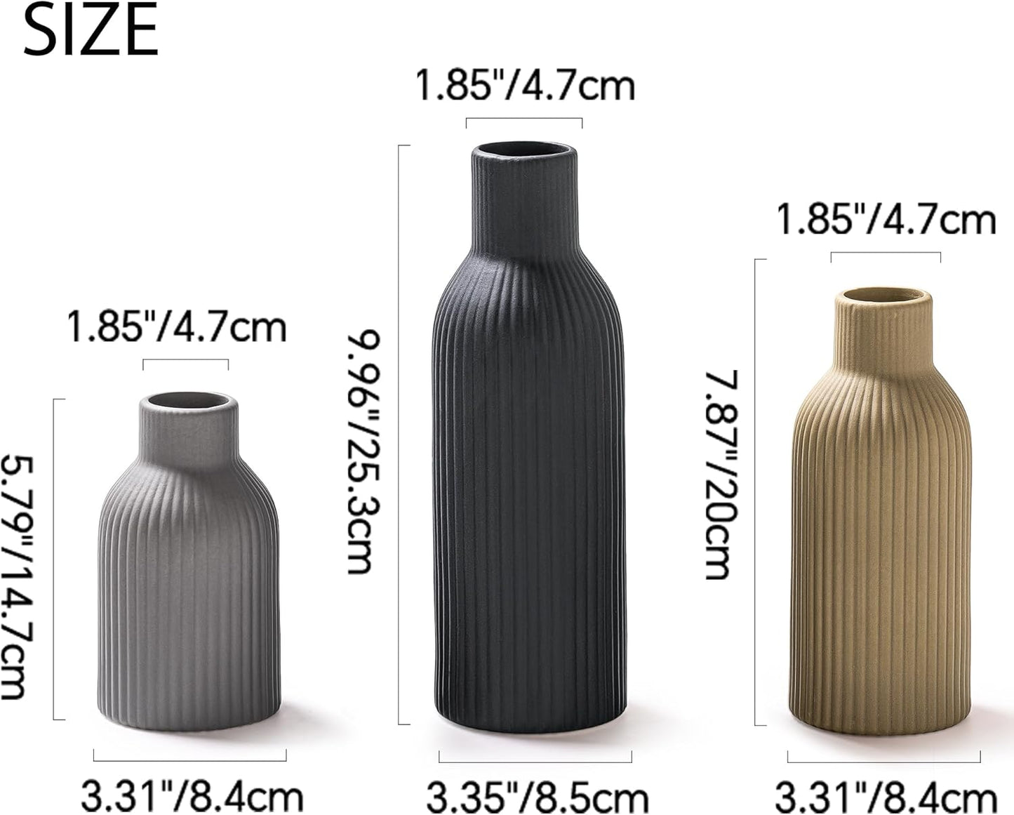Ceramic Vase Set of 3, Flower Vases for Spring Room Decor, Kitchen Farmhouse, Modern Boho Style(Khaki/Black/Grey)