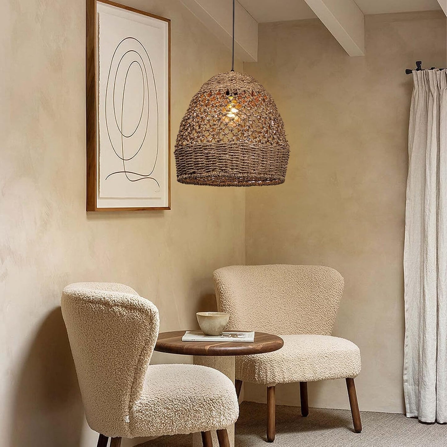 Arturesthome Rattan Woven Pendant Light for Kitchen Island, Hand-Woven Ceiling Chandelier, Handmade Natural Seaweed Hanging Lights Crafts Lampshade D 15.7in