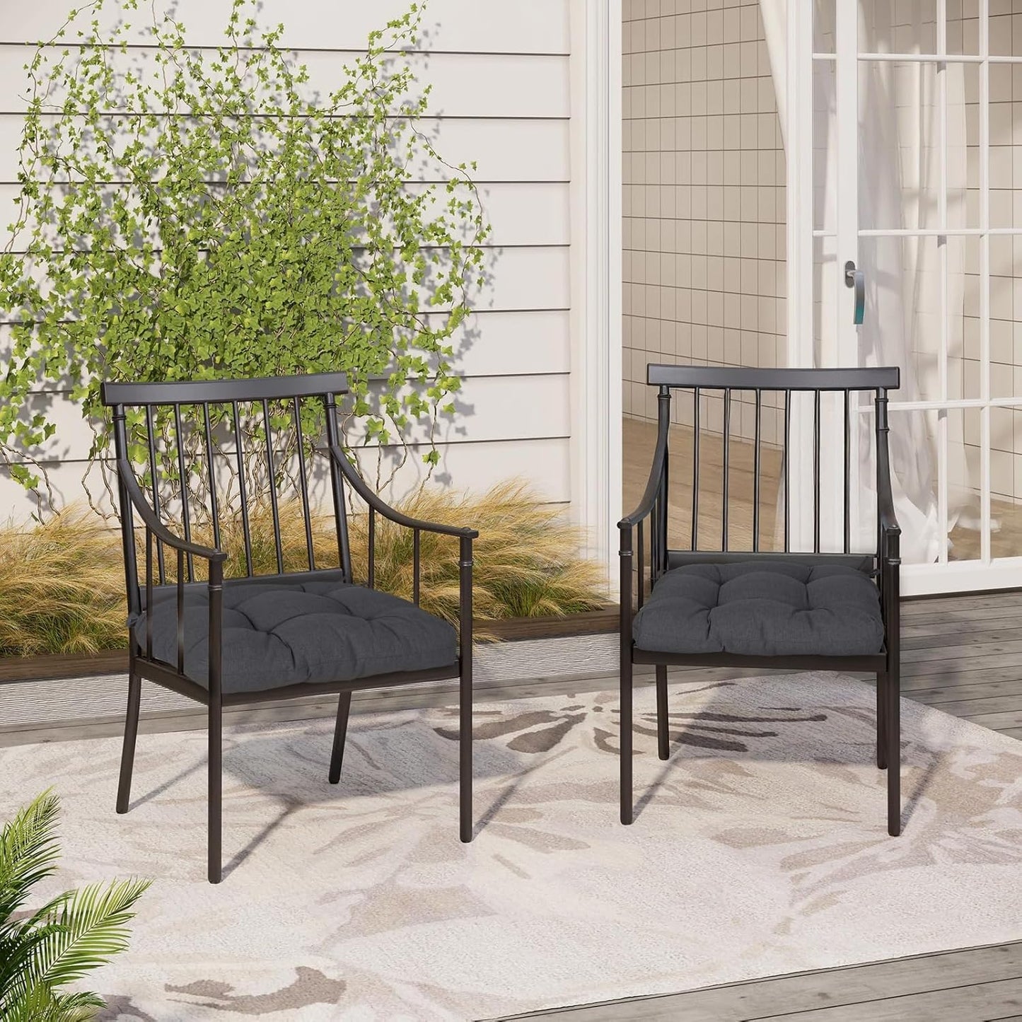 Aoodor 19" x 19" x 5" Tufted Outdoor Chair Cushions, Water Resistant & Fade Resistant Polyester Dining Chair Pads with 2 Straps for Patio Furniture, Set of 2