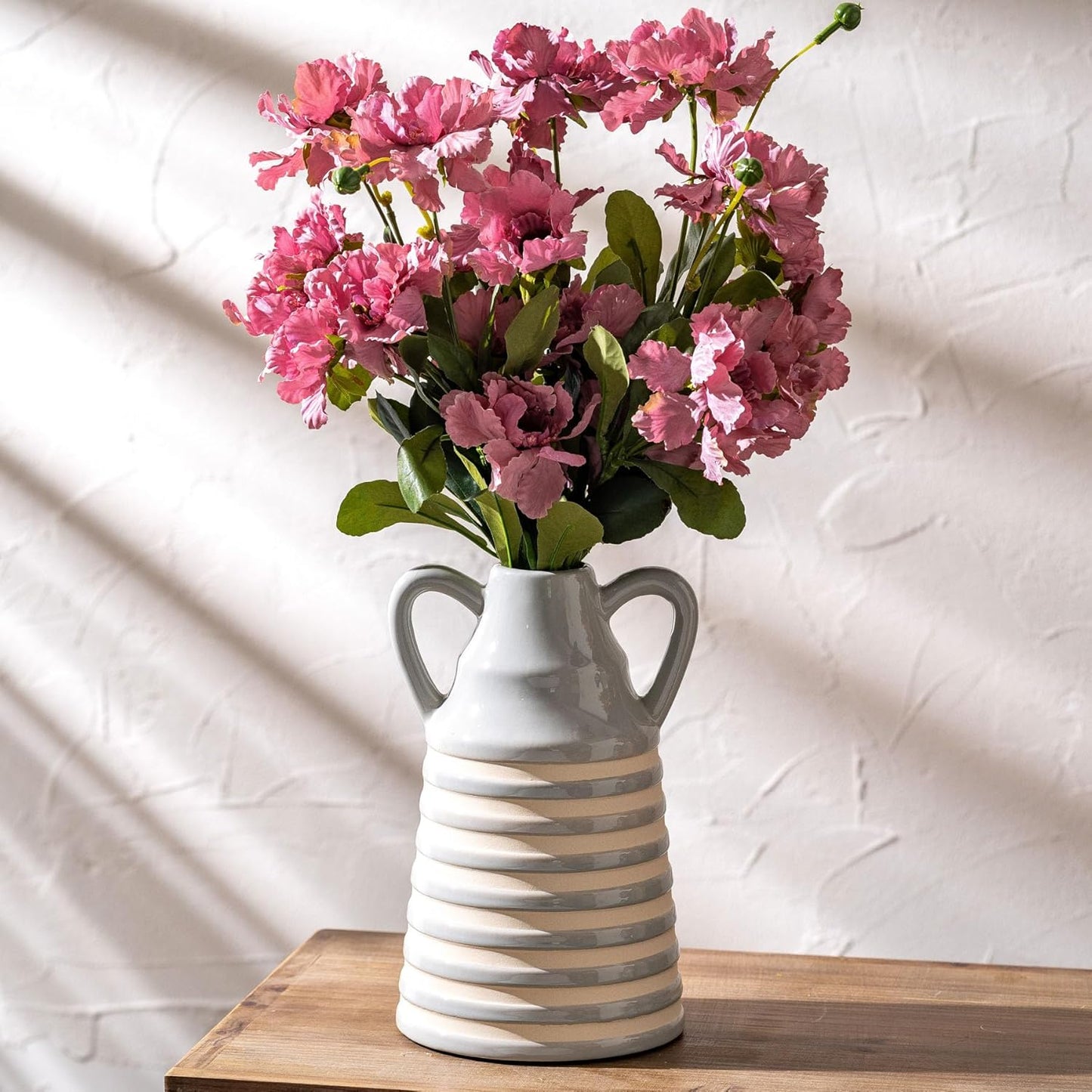 Ceramic Grey and White Checkered Stripes Vase with Handles, Hand-Painted Modern Bohemian Floral Vases Home Decor, Cottage Core Decor, Flower Vases for Bouquet Tabletop Bedroom Office Bookshelf 8.9 in