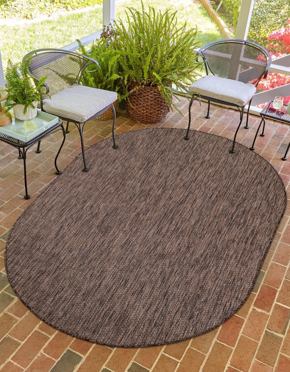 Unique Loom Outdoor Solid Collection Area Rug (5' 3" x 8' Oval Light Brown/Ivory)