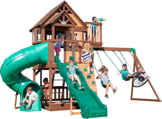 Backyard Discovery Skyfort All Cedar Swing Set, Elevated Covered Wood Roof Clubhouse with Bay Windows, 2 Belt Swings, Web Swing, 10ft Wave Slide, 5 ft Tube Slide, Covered Picnic Table, 5 ft Rock Wall
