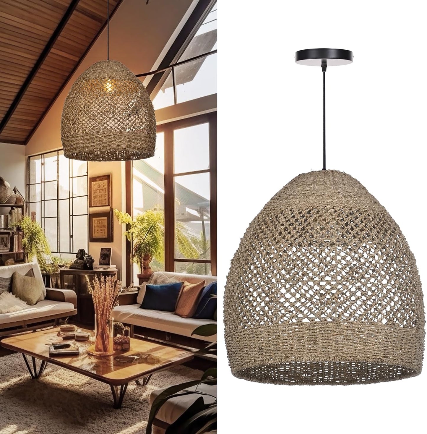 Arturesthome 19.6" Retro Rattan Woven Pendant Light Fixture, Chandelier with Lamp Shade Light Cover, Hanging Lighting for Kitchen Dining Room Foyer