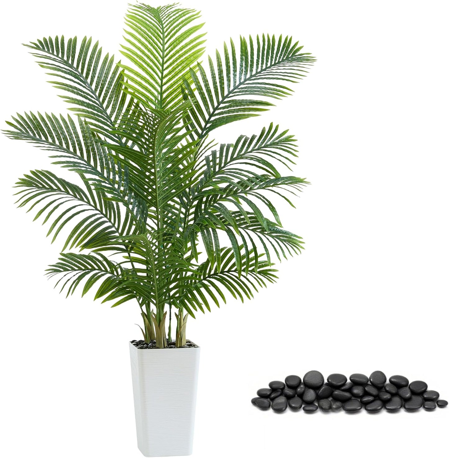 Artificial Palm Tree：5FT Tropical Fake Silk Plant UV Resistant Faux Areca Palm with White Planter & Black Pebbles for Home Office Living Room Decor Indoor Patio Porch Balcony (5FT,1-Pack,White)