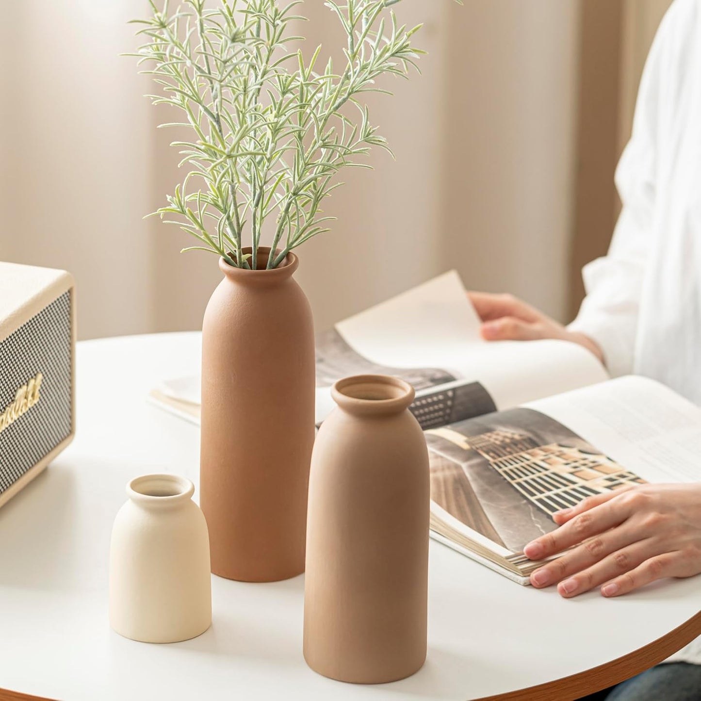 Ceramic Vase Set-3, Small Flower Vases for Decor, Modern Boho Farmhouse Style, Decorative Vases for Pampas Grass & Dried Flowers, Distressed Finish (Earth Tone)