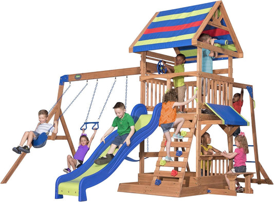 Backyard Discovery Beach Front Cedar Wood Swing Set with Wave Slide, Play Deck, Monkey Bars, Rock Wall Ladder, Shaded Picnic Area, Snack Bar, Belt Swings, Trapeze, Sandbox Area, Outdoor Playset