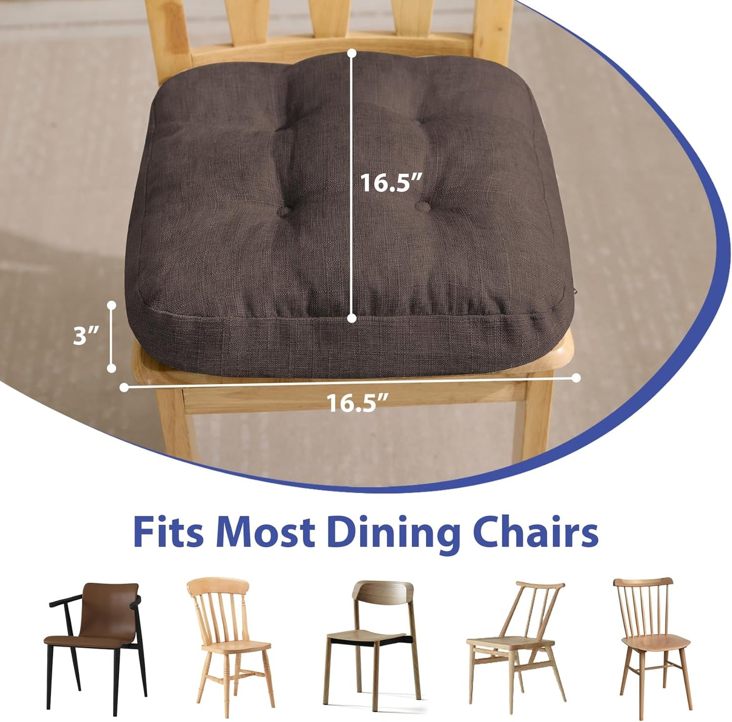 Chair Cushions for Dining Chairs, Dining Chair Cushions, Tufted Indoor Chair Pads with Ties & Non Slip Backing, Seat Cushions for Kitchen Chairs 16.5” x 16.5” x 3.5”, Set of 4, Brown