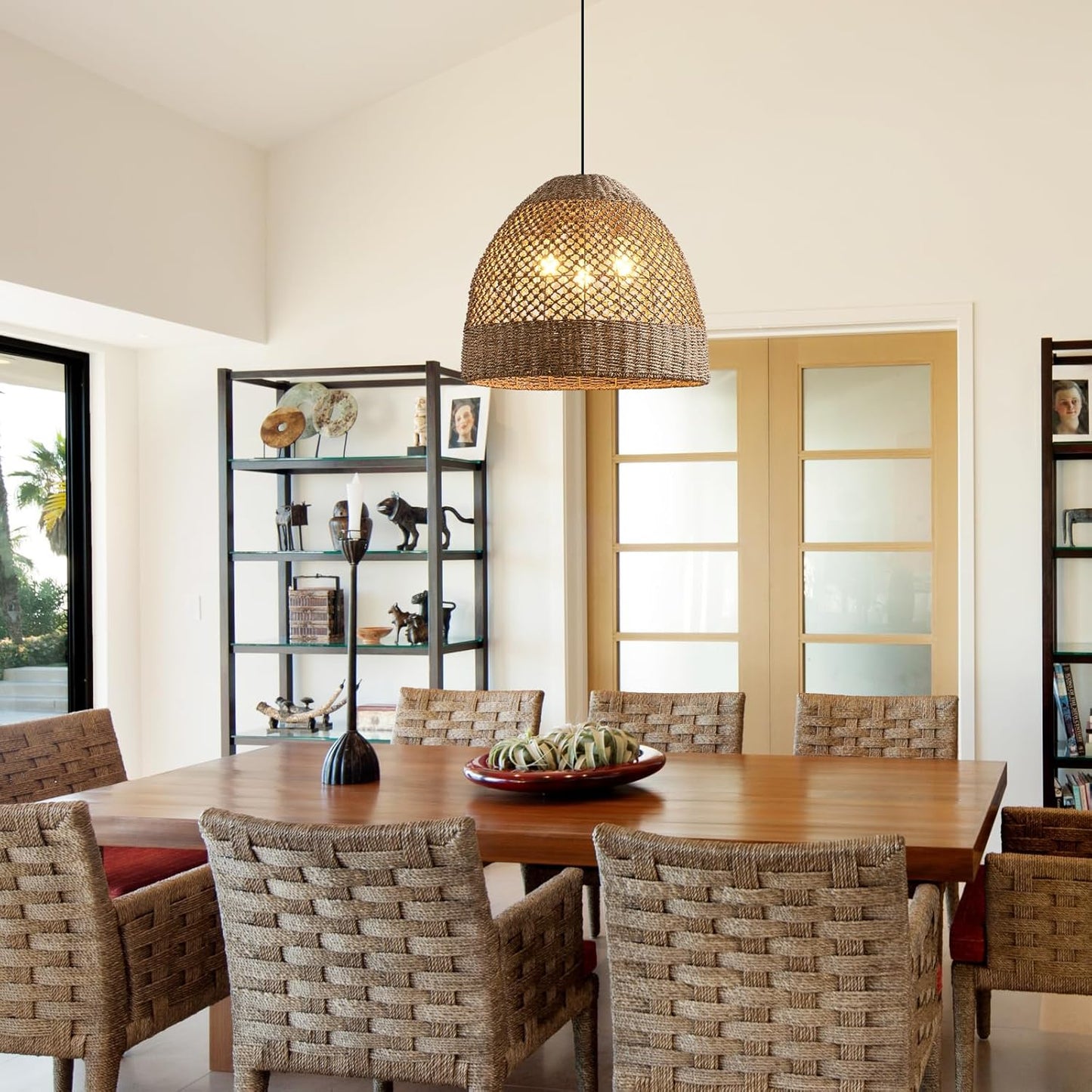 18.9" Rattan Chandelier, Coastal Large Pendant Light,Boho 3-Light Wicker Hand-Woven Seagrass Pendant Lighting Ceiling Hanging,for Kitchen Islands, Dining Rooms, and Farmhouses.