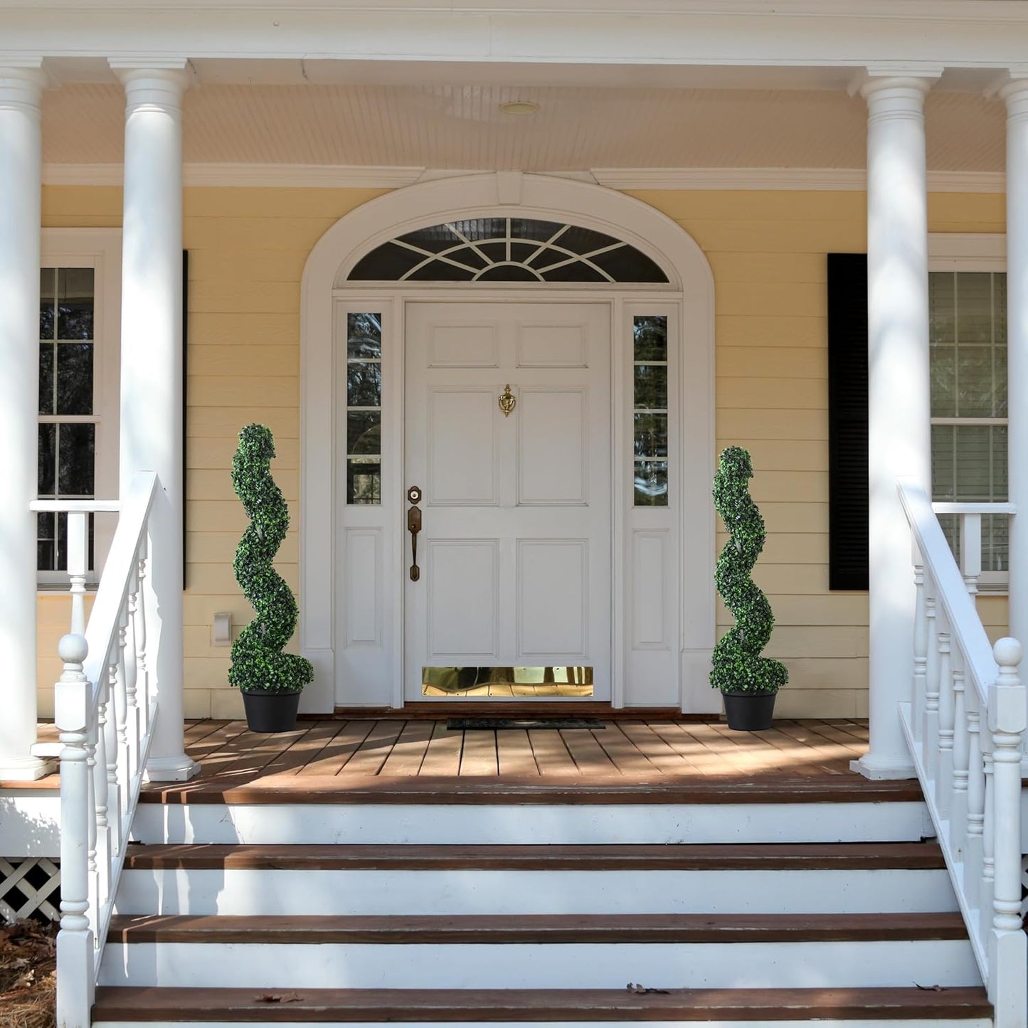 39 inchBoxwood Artificial Cedar Spiral Topiary Trees – Decorative Fake Greenery in Planter Pots for Front Porch, Outdoor Walkway, Entryway Decorating, Set of 2