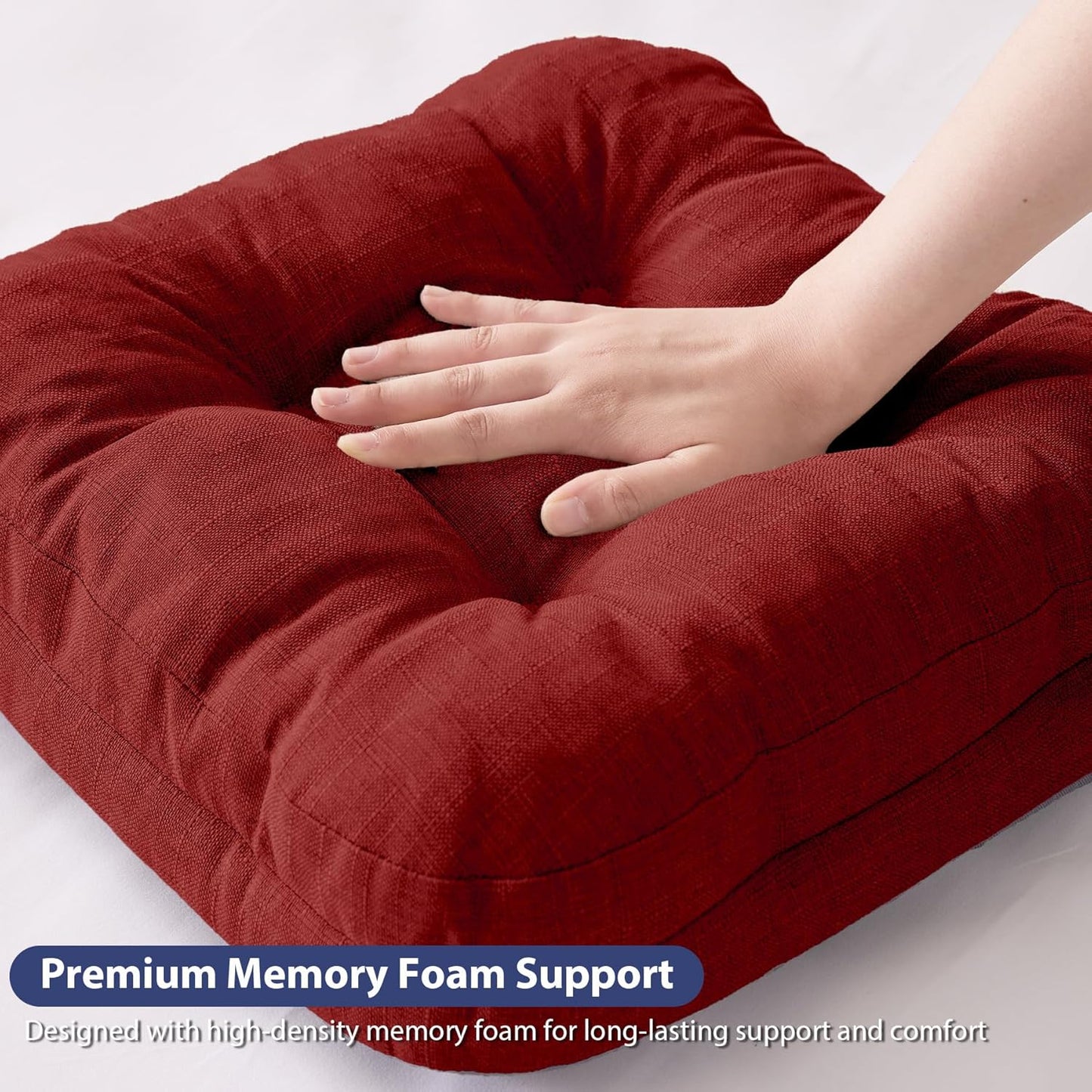 Chair Cushions for Dining Chairs, Dining Chair Cushions, Tufted Indoor Chair Pads with Ties & Non Slip Backing, Seat Cushions for Kitchen Chairs 16.5” x 16.5” x 3.5”, Set of 4, Red