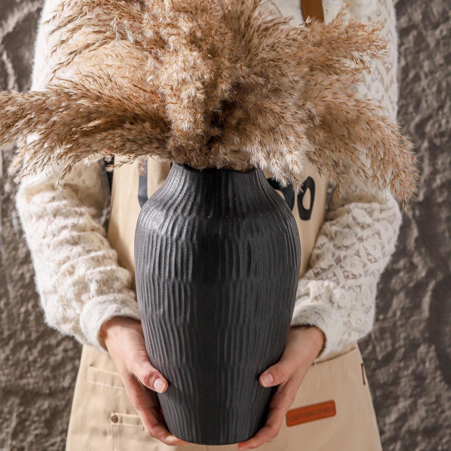 Elegant Black Ceramic Vase - Modern Minimalist Home Decor Vase, Centerpiece for Living Room, Dining Table, Office - 11.6 Inches Tall, Handcrafted Pottery for Farmhouse, Boho, Contemporary Style