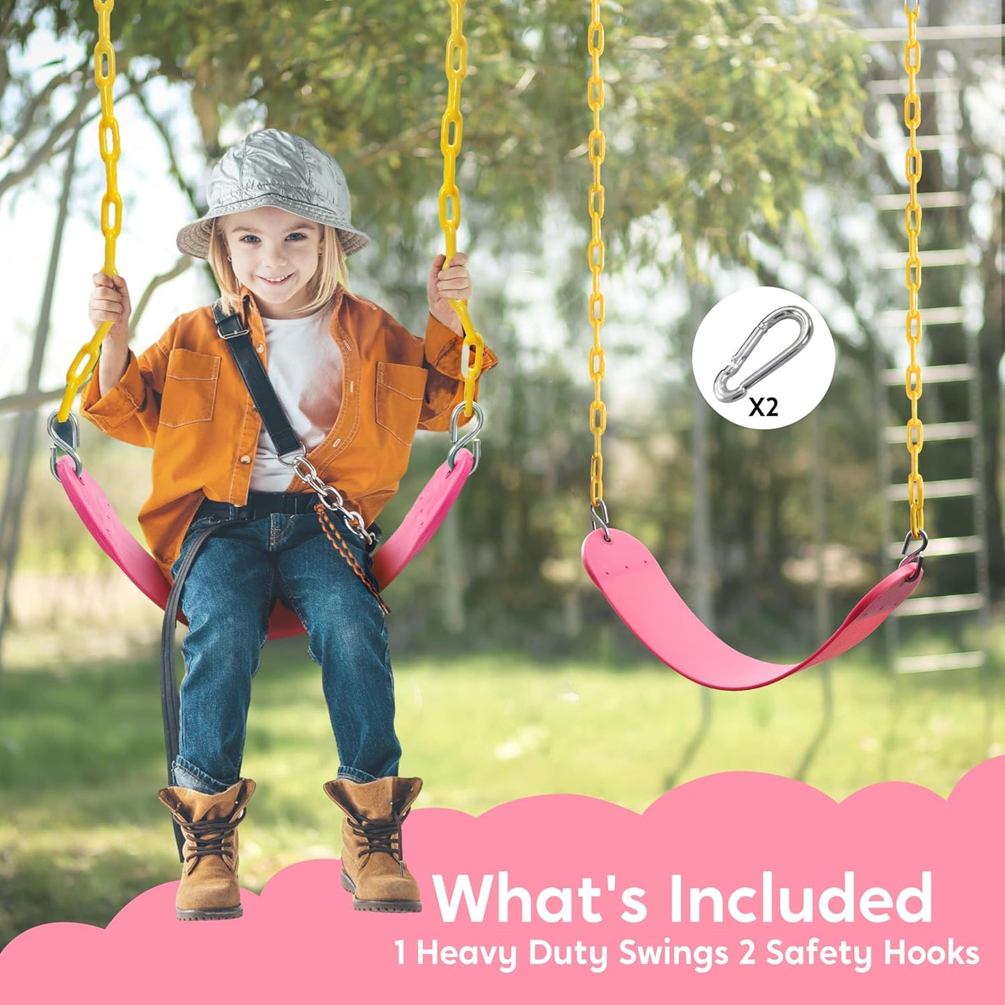TURFEE Swings for Outdoor Swing Set -SwingSeat Replacement Kits with Heavy Duty Chains - Backyard Swingset Playground Accessories for Kids (Pink)