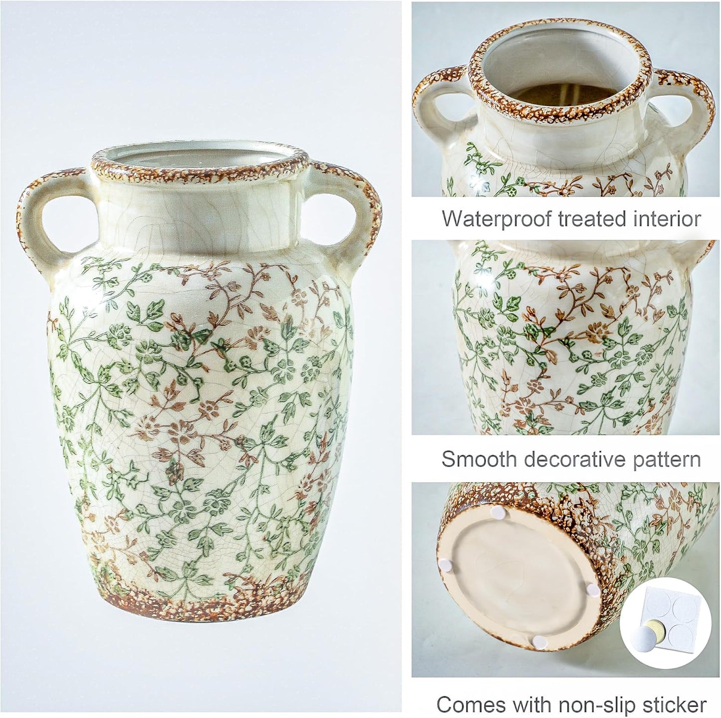 Enra Farmhouse Vintage vase with Handle,9.4 in Ceramic Chinoiserie Floral Vase,Green and Beige Decorative Flower vase,Large Rustic Vases for Home Decors, Living Room, Bookshelf, Office