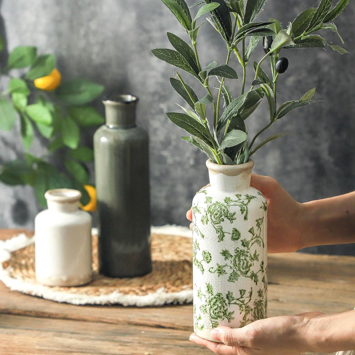 Vintage Vase Set of 3, Ceramic Vintage Flower Vases, Chinoiserie Decorative Home Decor Retro Floral Vase Rustic Farmhouse Decor for Table Bookshelf Mantel Kitchen Living Room Office - Green and Beige