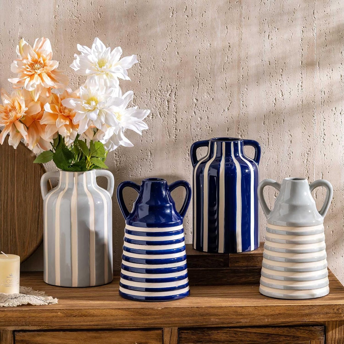 Ceramic Grey and White Checkered Stripes Vase with Handles, Hand-Painted Modern Bohemian Floral Vases Home Decor, Cottage Core Decor, Flower Vases for Bouquet Tabletop Bedroom Office Bookshelf 8.9 in