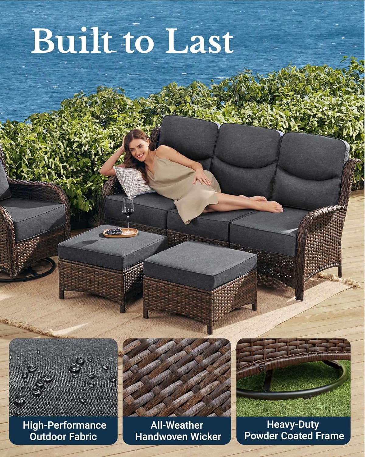 HILLGA Luxury Patio Furniture Set with 6-inch Thick Cushion, Outdoor Couch and High Back Swivel Rocker Patio Chairs, 6PCS Wicker Conversation Set for Deck Yard and Poolside, Dark Grey (V2)