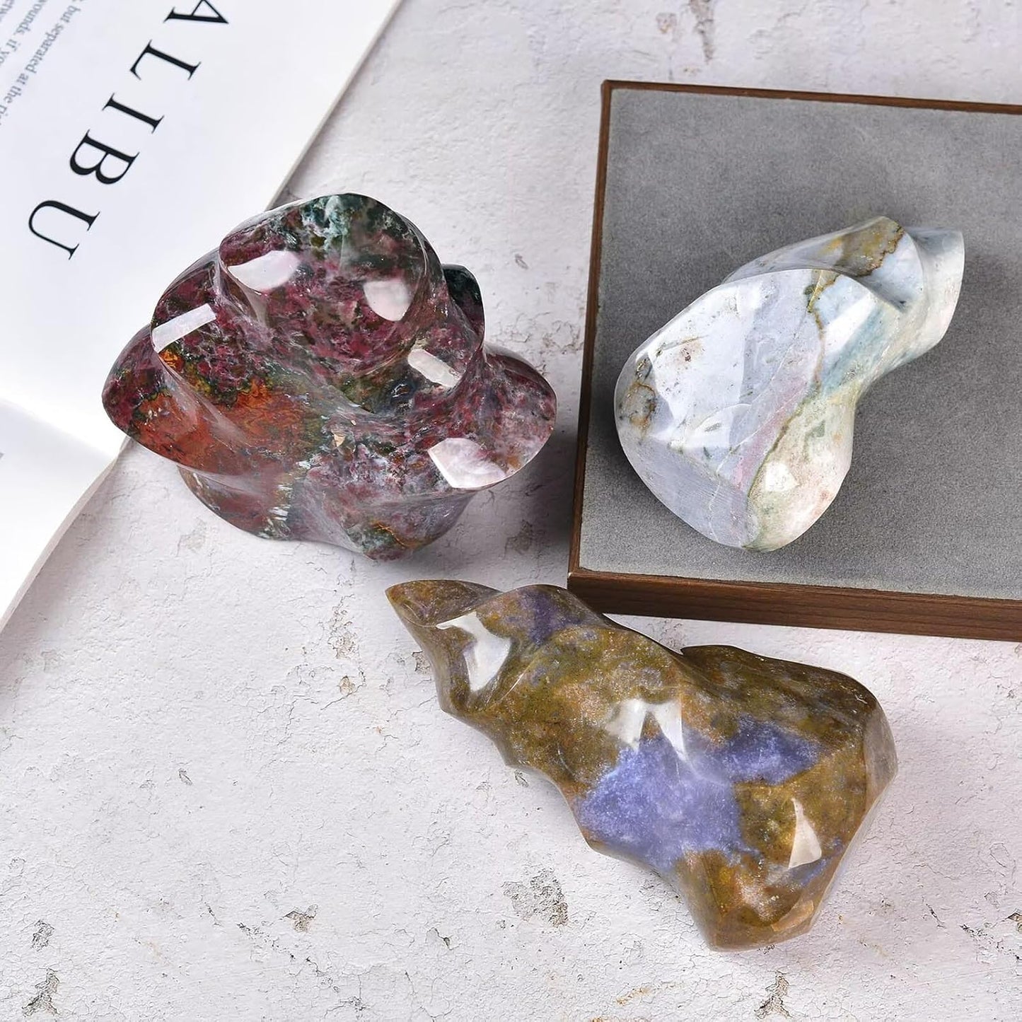 AMOYSTONE Ocean Jasper Flame Shaped Stone Towers Obelisk Natural Healing Crystal Quartz Reiki Energy Decoration Home Office Decor 3.3-4.0LBS