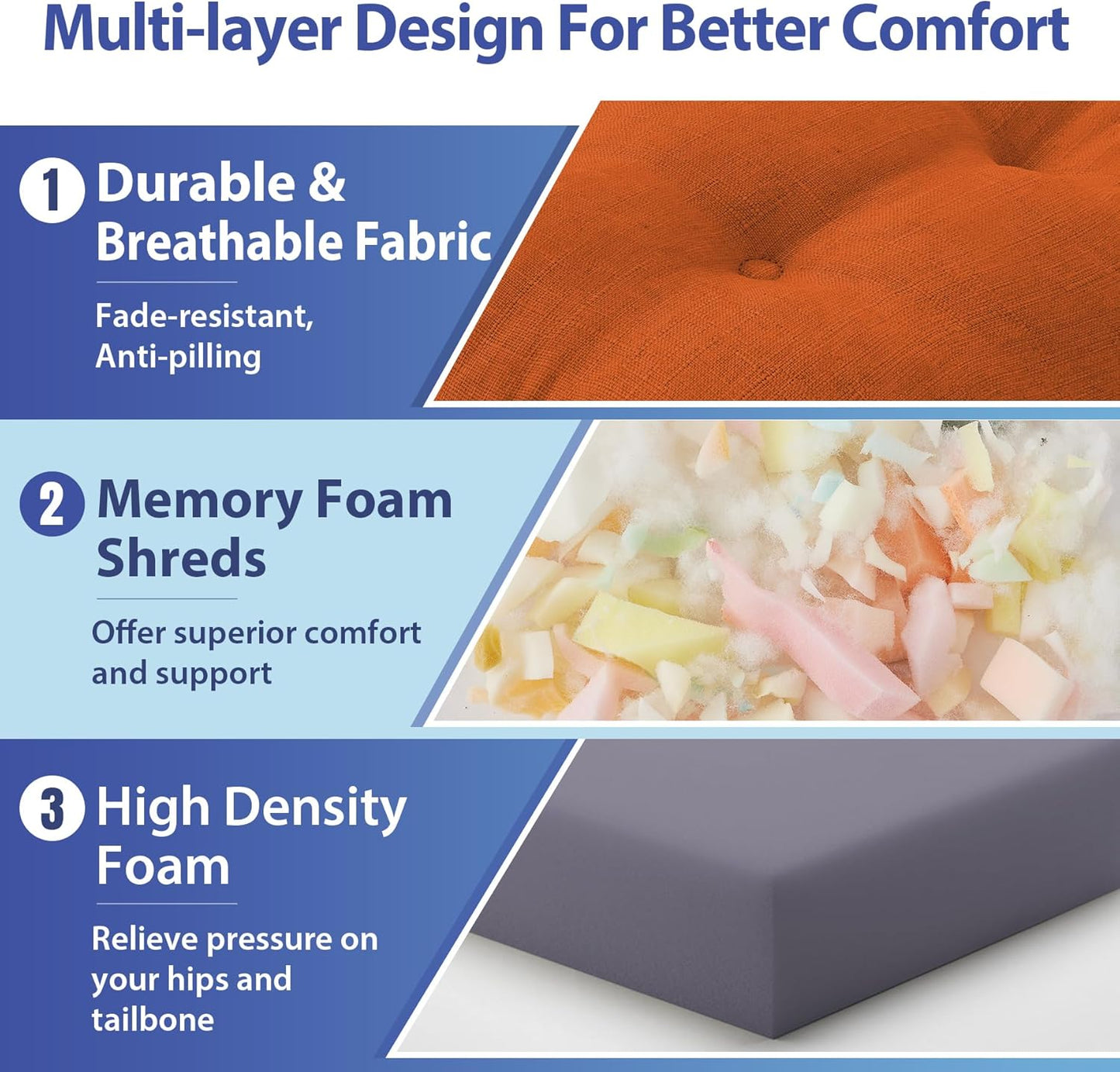 Chair Cushions for Dining Chairs, Dining Chair Cushions, Tufted Indoor Chair Pads with Ties & Non Slip Backing, Seat Cushions for Kitchen Chairs 16.5” x 16.5” x 3.5”, Set of 4, Orange