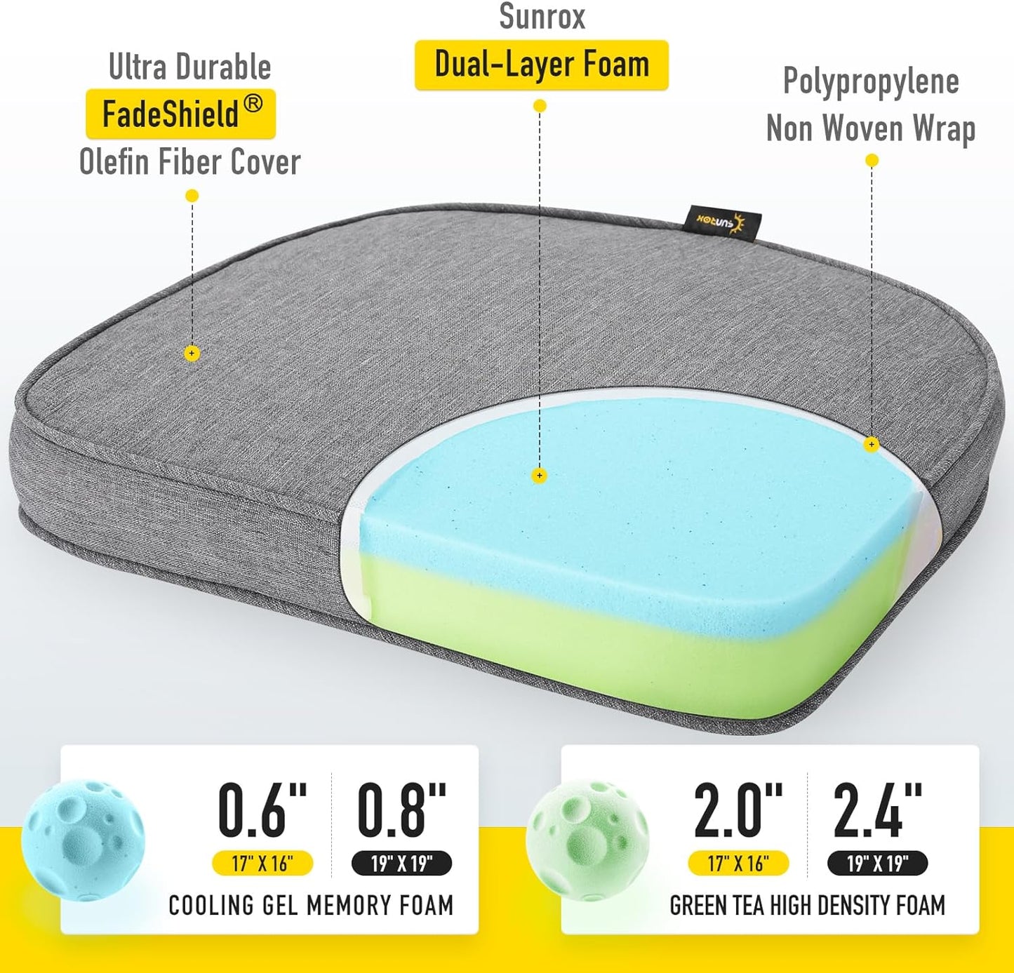 SUNROX Gel Memory Foam Chair Cushions, FadeShield Water-, Stain-Resistant Durable Reversible Seat Cushion Pads with Ties for Indoor/Outdoor Kitchen Dining Office, 19"x19", Set of 2, Heather Charcoal