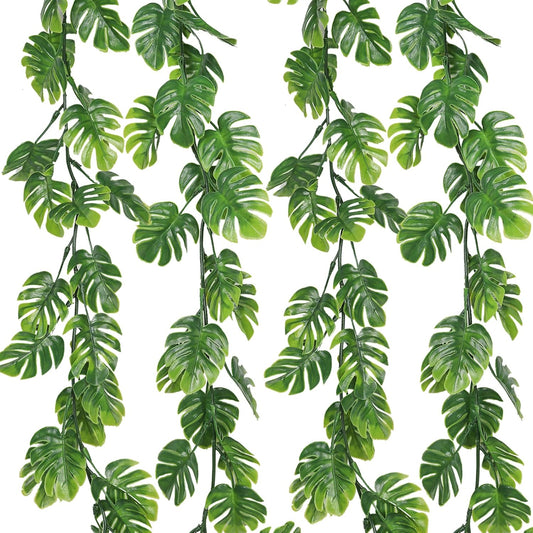 RECUTMS 4Pcs Artificial Monstera Leaves Vines, 5.9FT Fake Hanging Plant Ivy Faux Tropical Palm Leaf Greenery Garland for Garden Porch Patio Jungle Luau Beach Birthday Party Indoor Outdoor Spring Décor