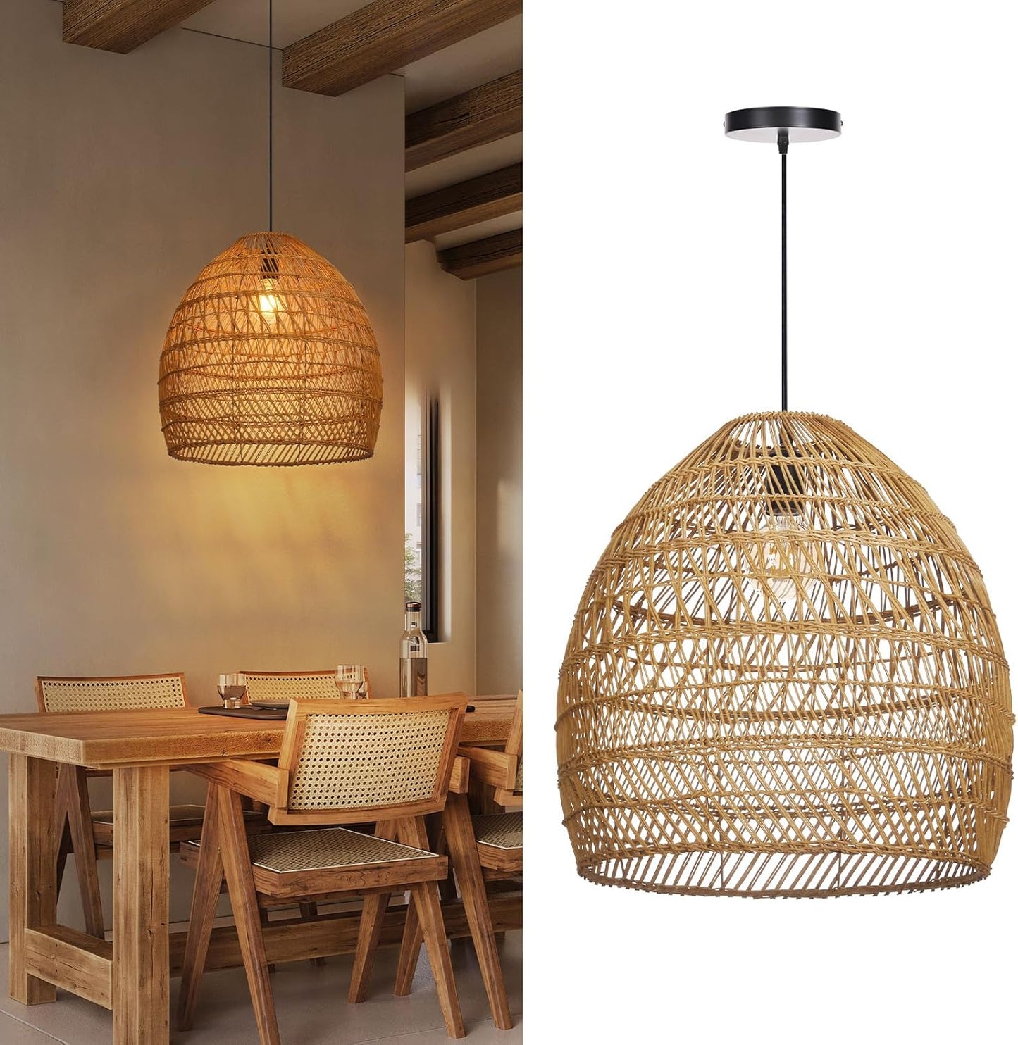 Arturesthome Boho Chandelier Rattan Pendant Light,19.6” Large Wicker Pendant Light Fixtures,Basket Hand Woven Hanging Lamp for Dining Room Living Room Kitchen Foyer