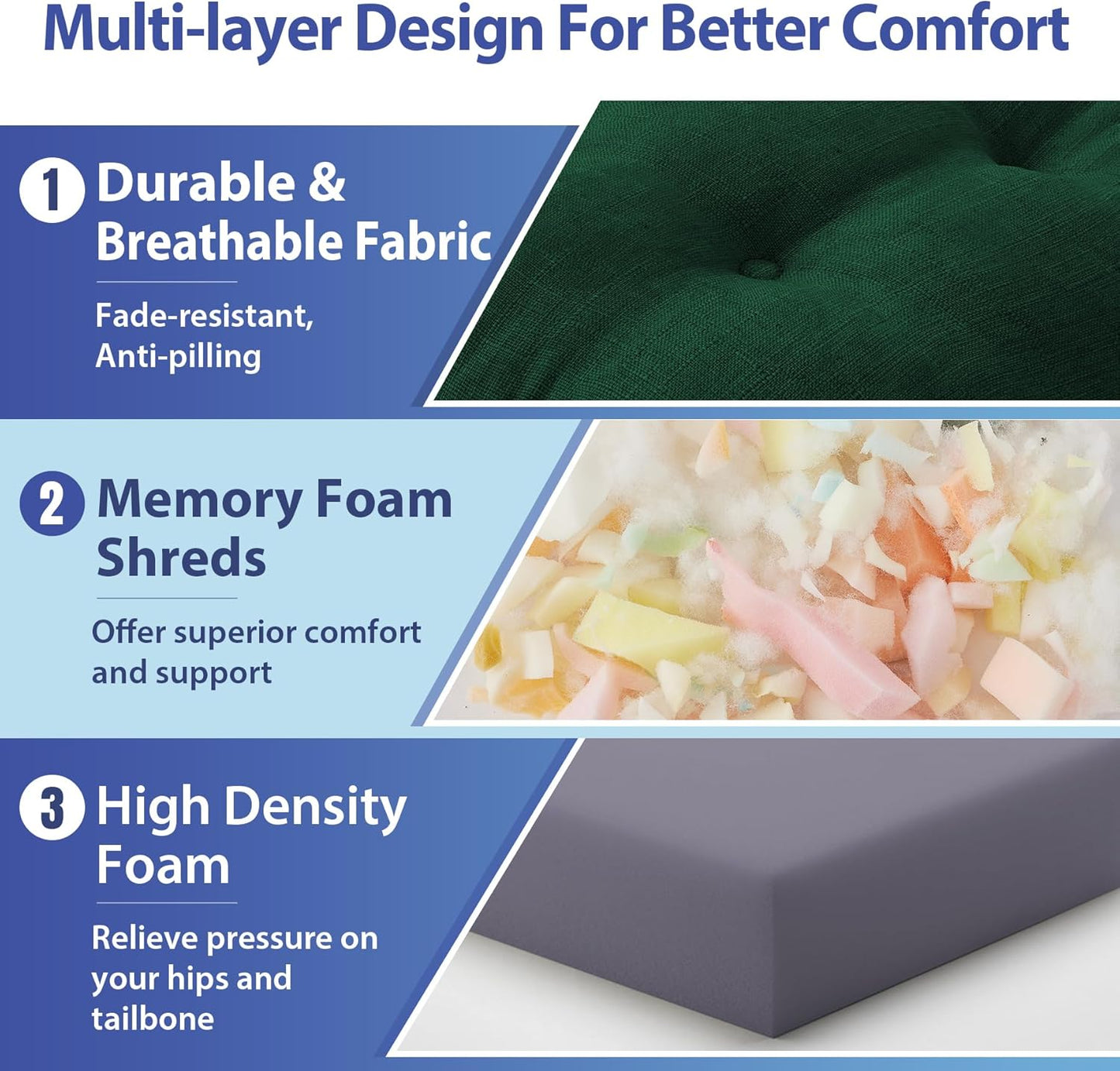 Chair Cushions for Dining Chairs, Dining Chair Cushions, Tufted Indoor Chair Pads with Ties & Non Slip Backing, Seat Cushions for Kitchen Chairs 16.5” x 16.5” x 3.5”, Set of 6, Green