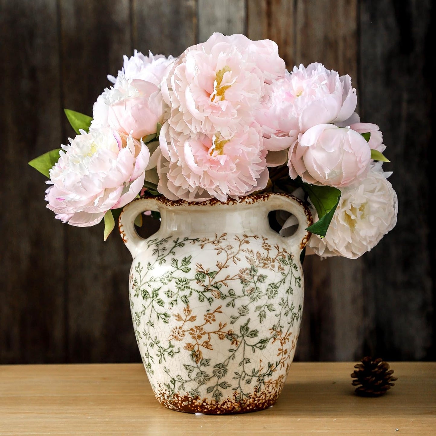 Enra Vintage vase,7.8 Inch Green and Beige Ceramic Decorative Flower vase, Chinoiserie Floral Vase,Large Rustic Vases for Home Decors, Living Room, Bookshelf, Office