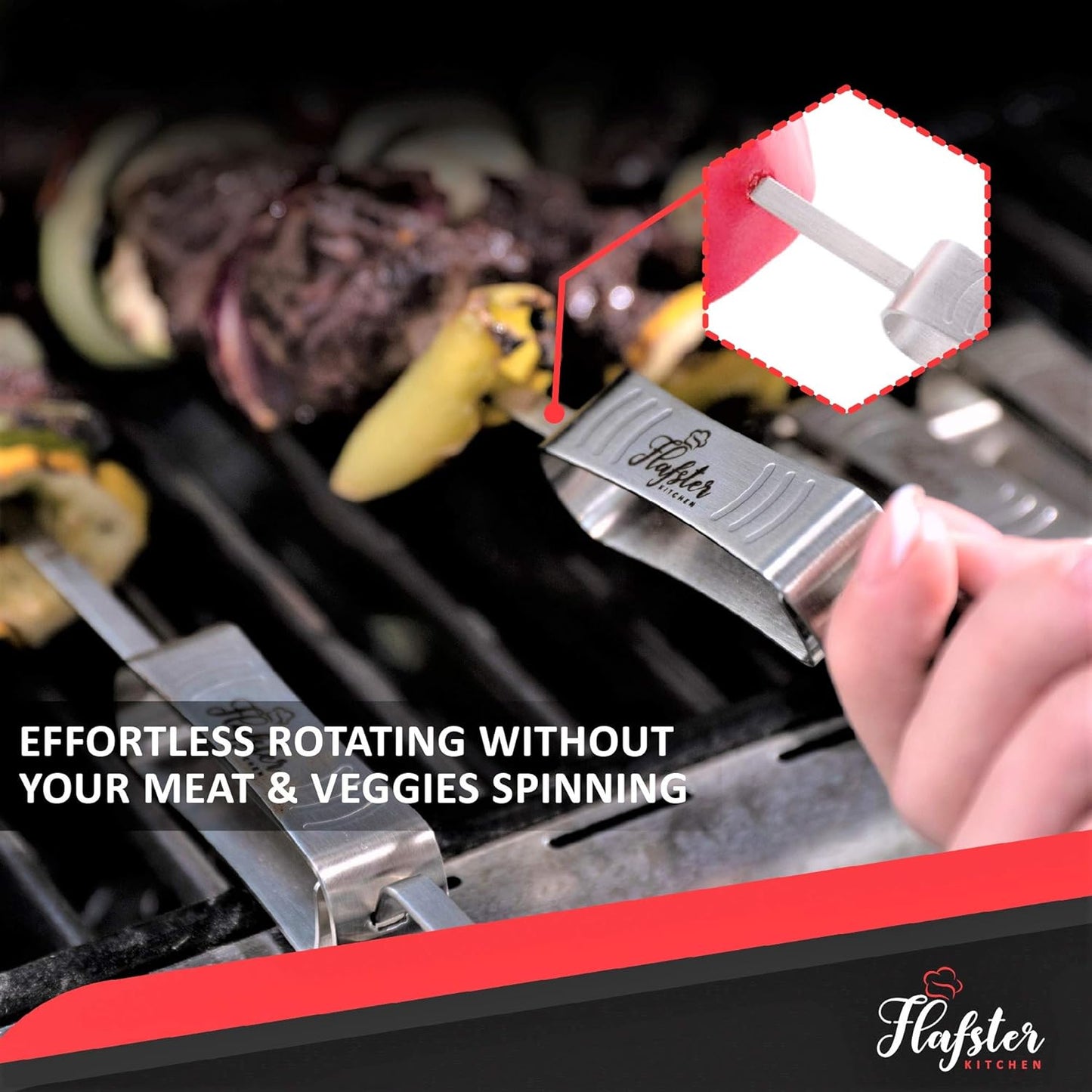 "FLAFSTER KITCHEN BBQ Skewers for Grilling - 16" Stainless Steel Flat Kebab Sticks with Push Bar, Reusable Metal Shish Kabob Skewers, Set of 6"