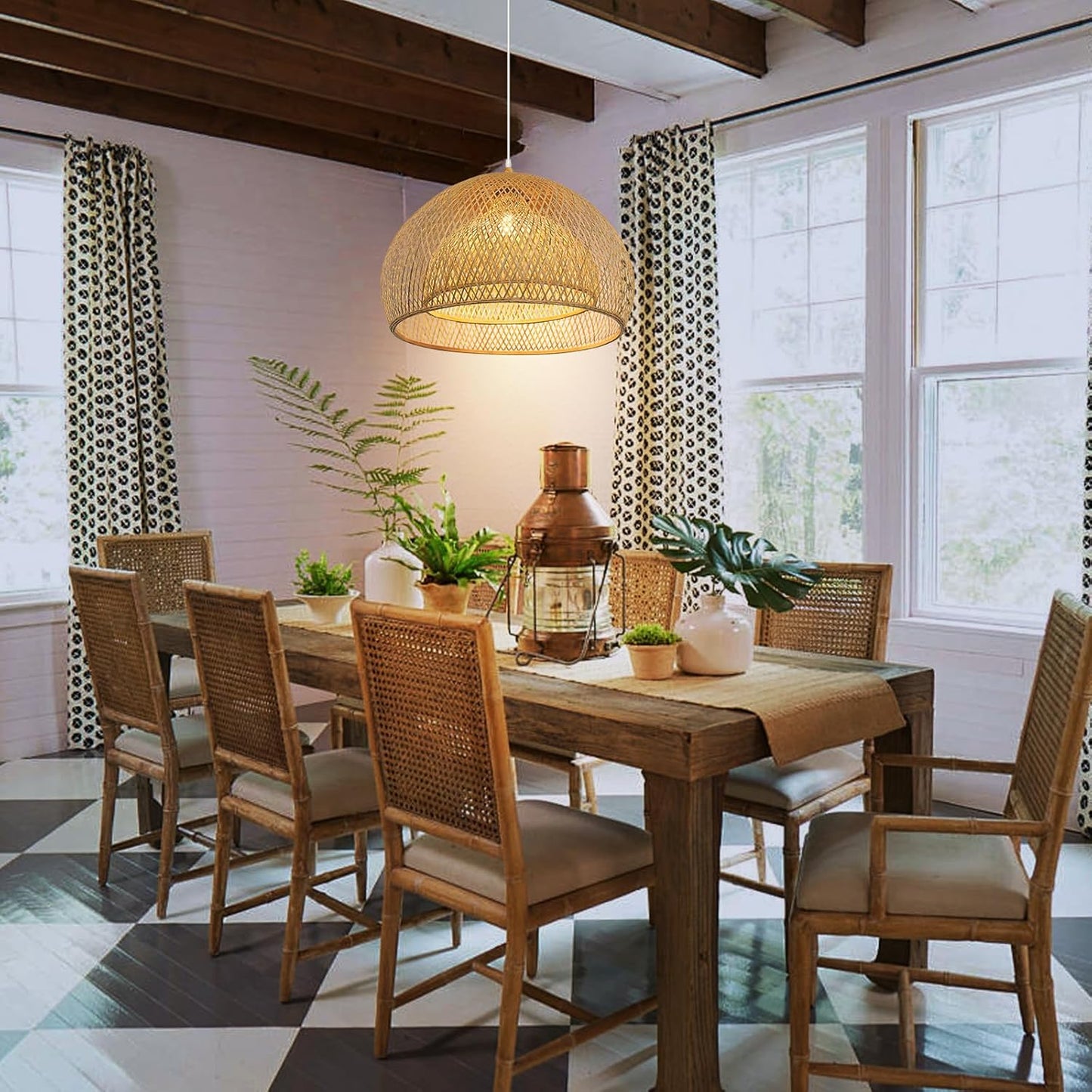 Arturesthome Bamboo Pendant Light for Kitchen Island, 17.6" Wicker Chandelier Lighting, Handmade Woven Hanging Ceiling Light Lampshade for Living Room Bedroom