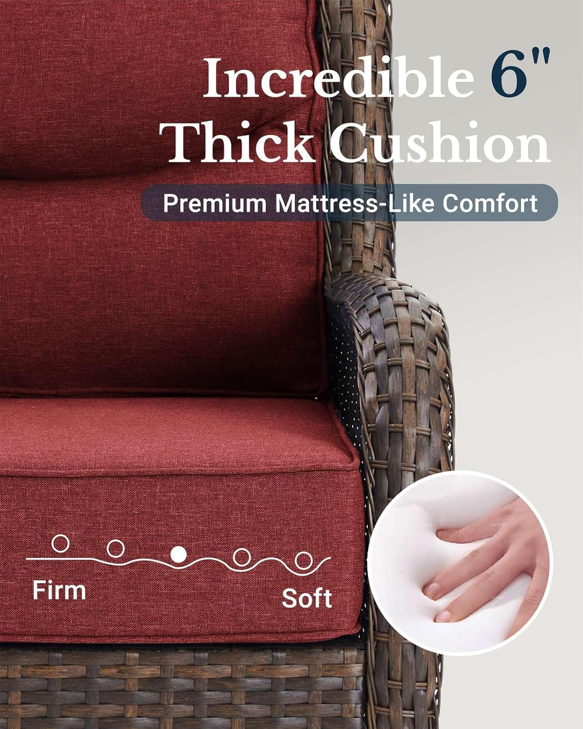 HILLGA Luxury Patio Furniture Set with 6-inch Thick Cushion, Outdoor Couch and High Back Swivel Rocker Patio Chairs, 6PCS Wicker Conversation Set for Deck Yard and Poolside, Burgundy (V2)