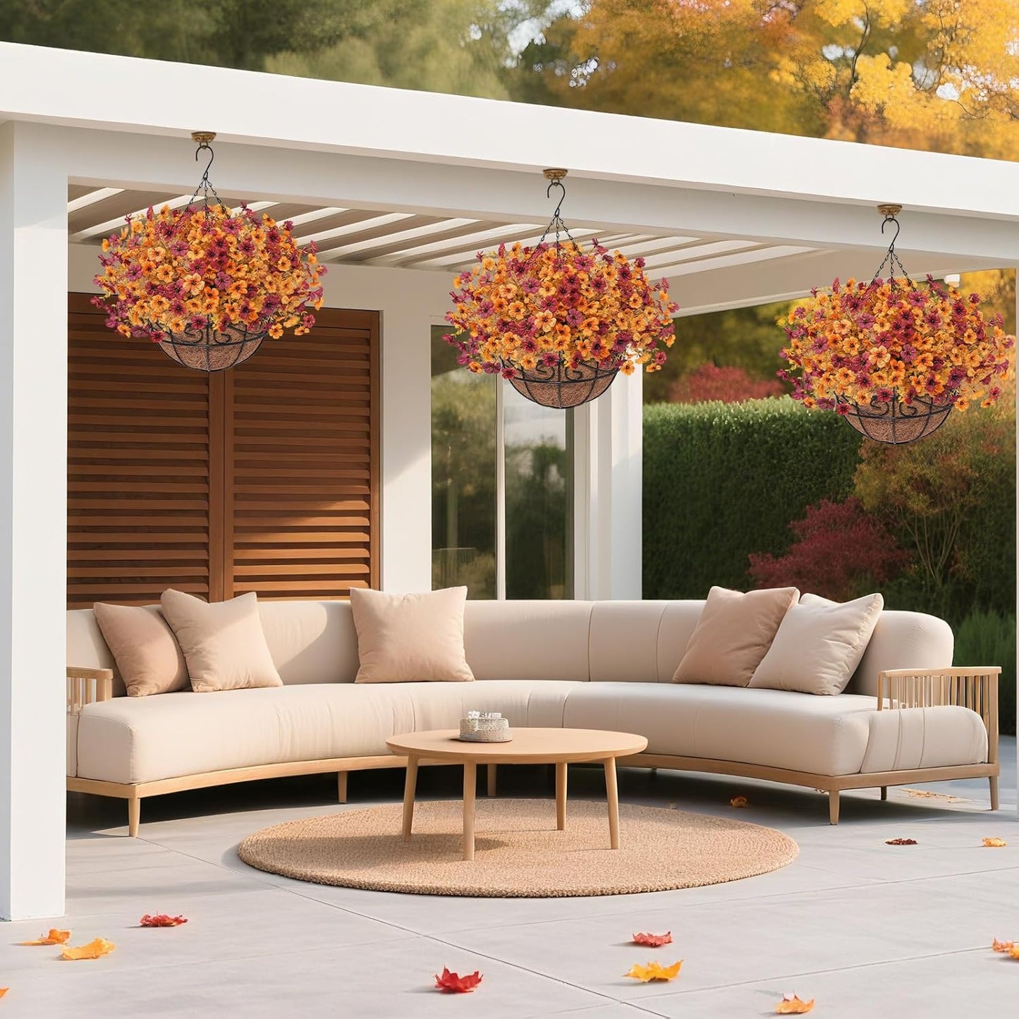 2Pack Fall Artfiticial Hanging Flowers Baskets for Outdoors, UV Resistant Fake Fall Hanging Plants, Faux Orange Flowers for Autumn Home Patio Front Porch Balcony Decor (Yellow Red)