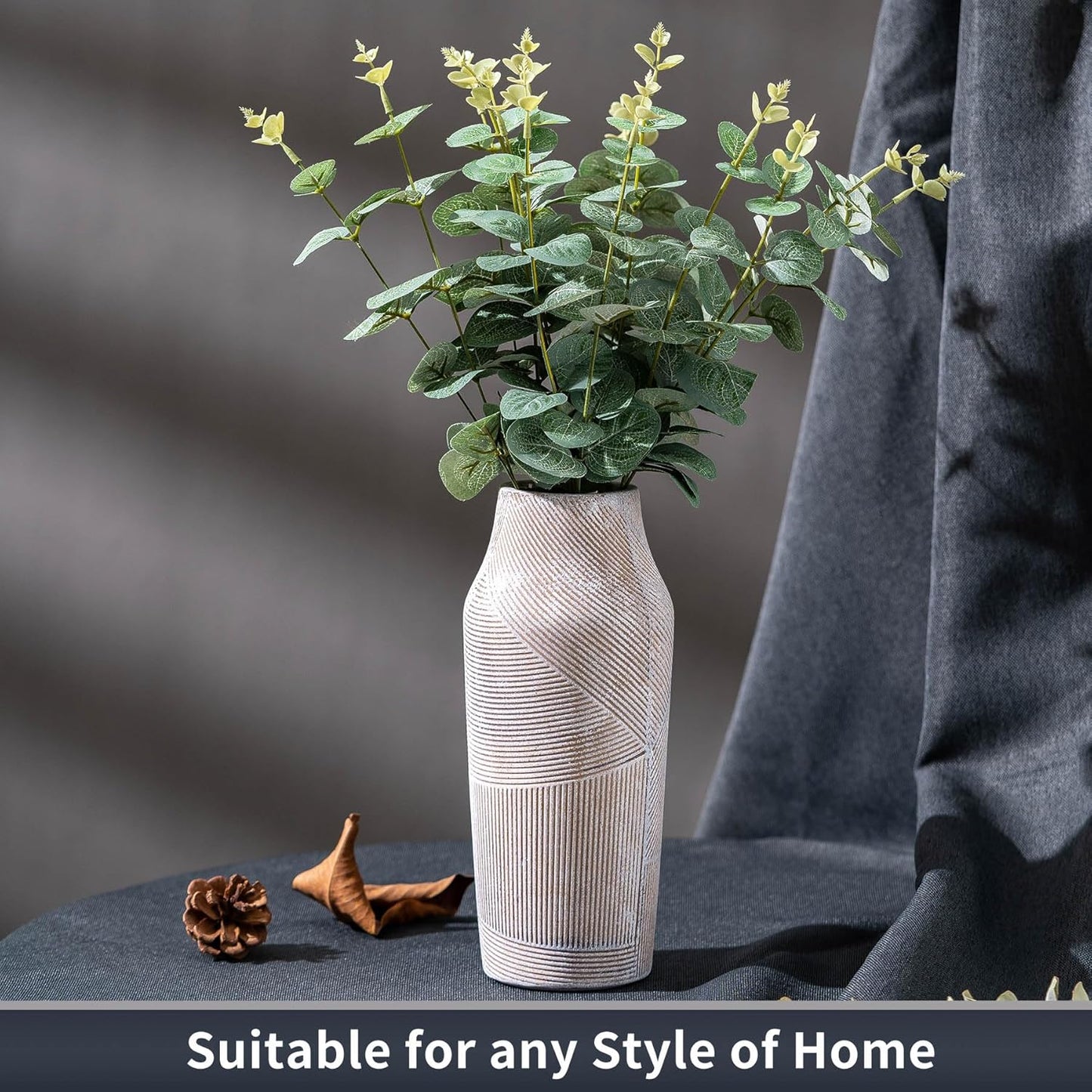 Vintage Ceramic Flower Vase, Terracotta Farmhouse Decorative Rustic Stone Clay Floral Vase, Concrete Grey Home Decor for Living Room, Entryway, Kitchen, Bedroom, Bathroom and Shelf 9.6 Inch