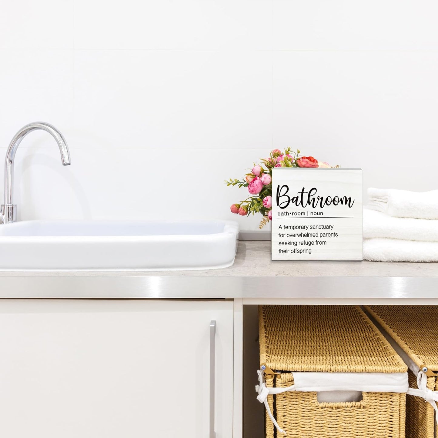 A Temporary Sanctuary For Overwhelmed Parents Wooden Sign - Funny White Block Plaque Desk Decoration-5x5 inches Rustic Wood Block Gifts For Friends Family-Bathroom Tabletop Favors & Supplies-A02