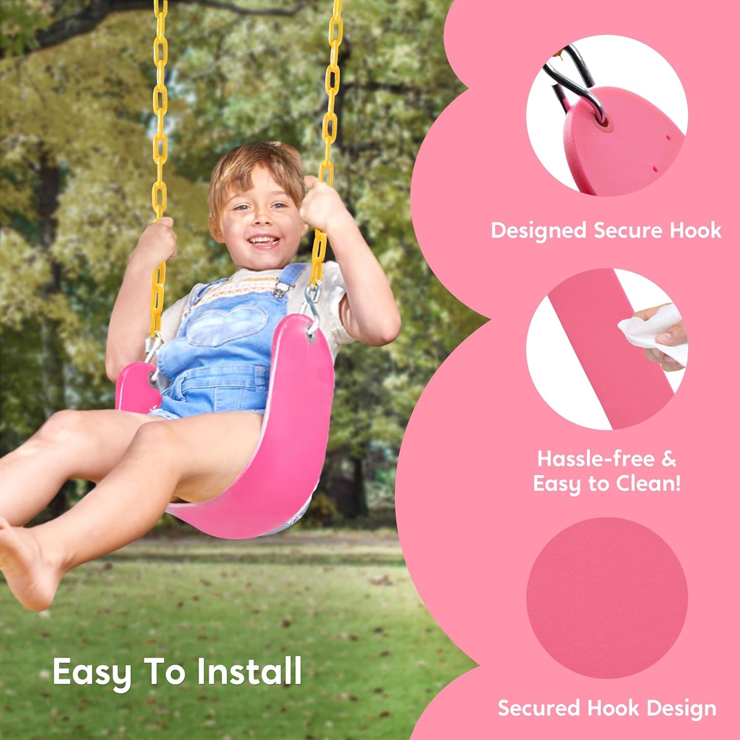 TURFEE Swings for Outdoor Swing Set -SwingSeat Replacement Kits with Heavy Duty Chains - Backyard Swingset Playground Accessories for Kids (Pink)